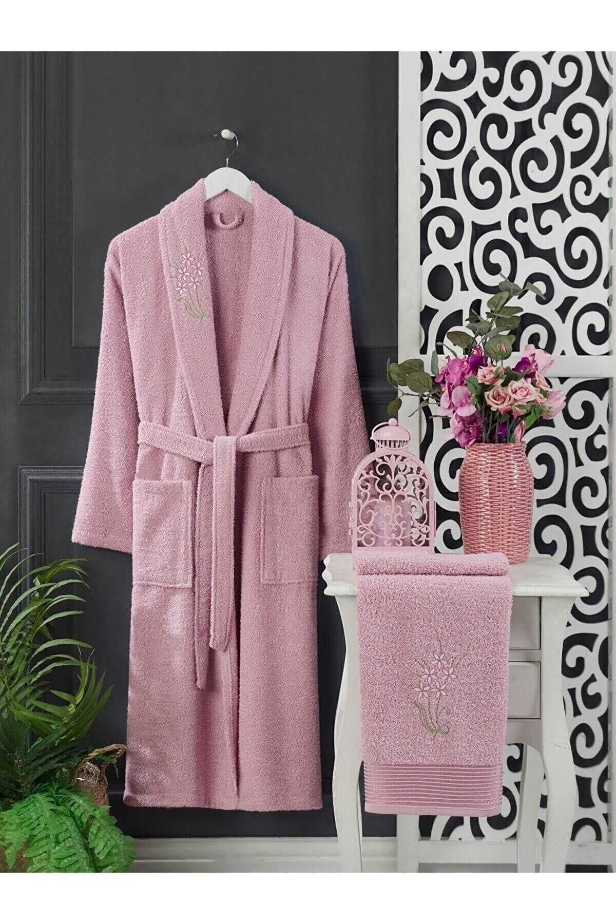 merland benvecocuk 4 Parça Aile Bornoz Seti Kadın Erkek Havlulu Bornoz Takımı 100 Lacivert Pembe