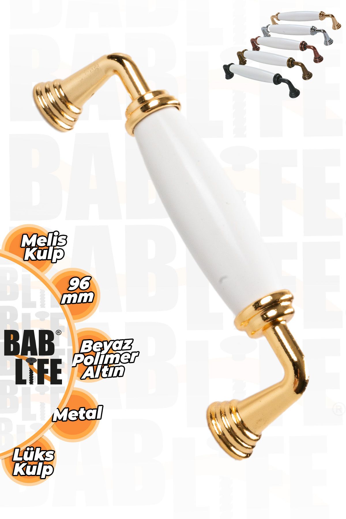 bablife Melis 96mm Porselen Görünümlü Düz Beyaz Altın Lüks Modern Çekmece Dolap Vestiyer Mobilya Kulpları