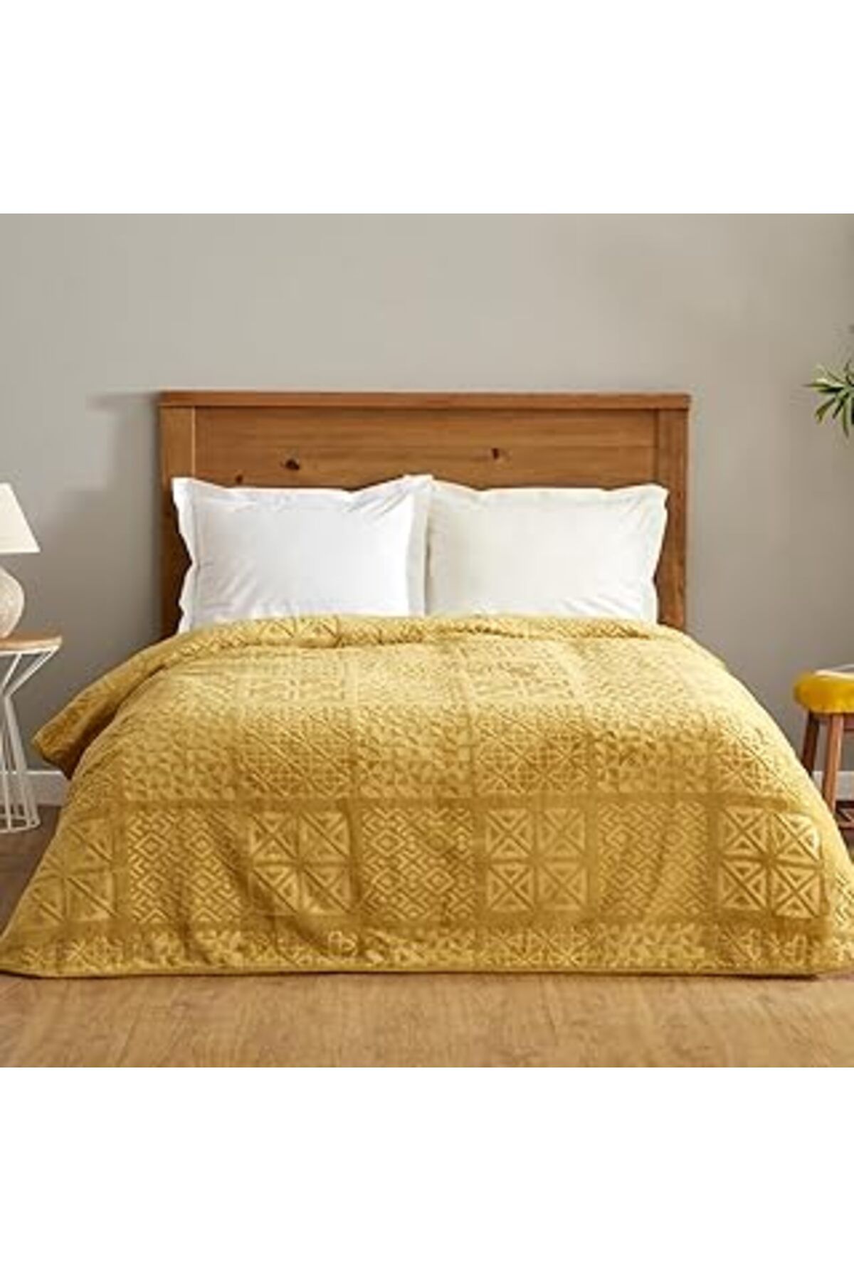 Mu Art Ahşap Karaca Home Blair Tek Kişilik Embos Battaniye Hardal