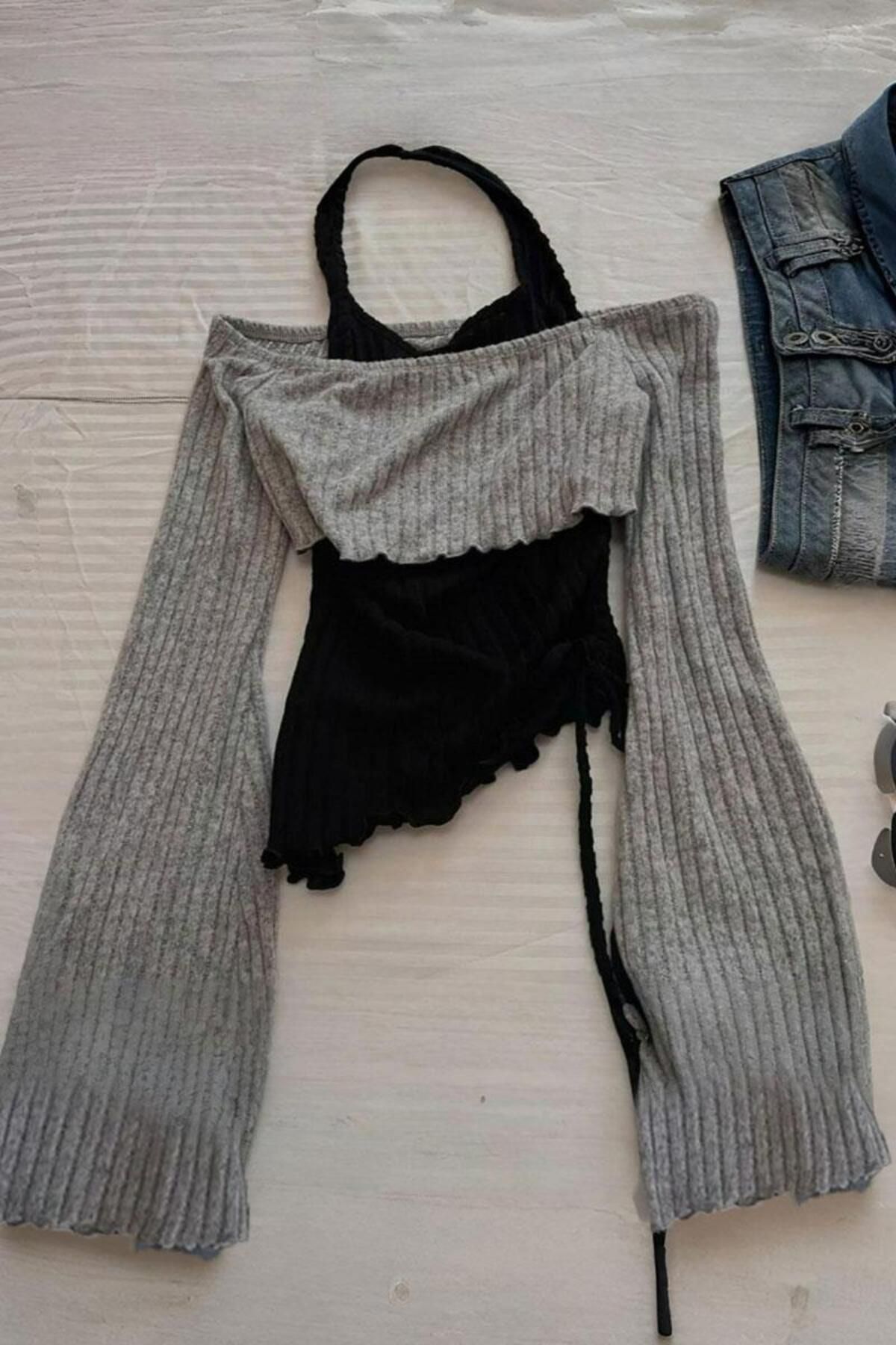 Köstebek Y2K Gothic Grunge Boyundan Bağlamalı Açık Omuz Sweat Bluz