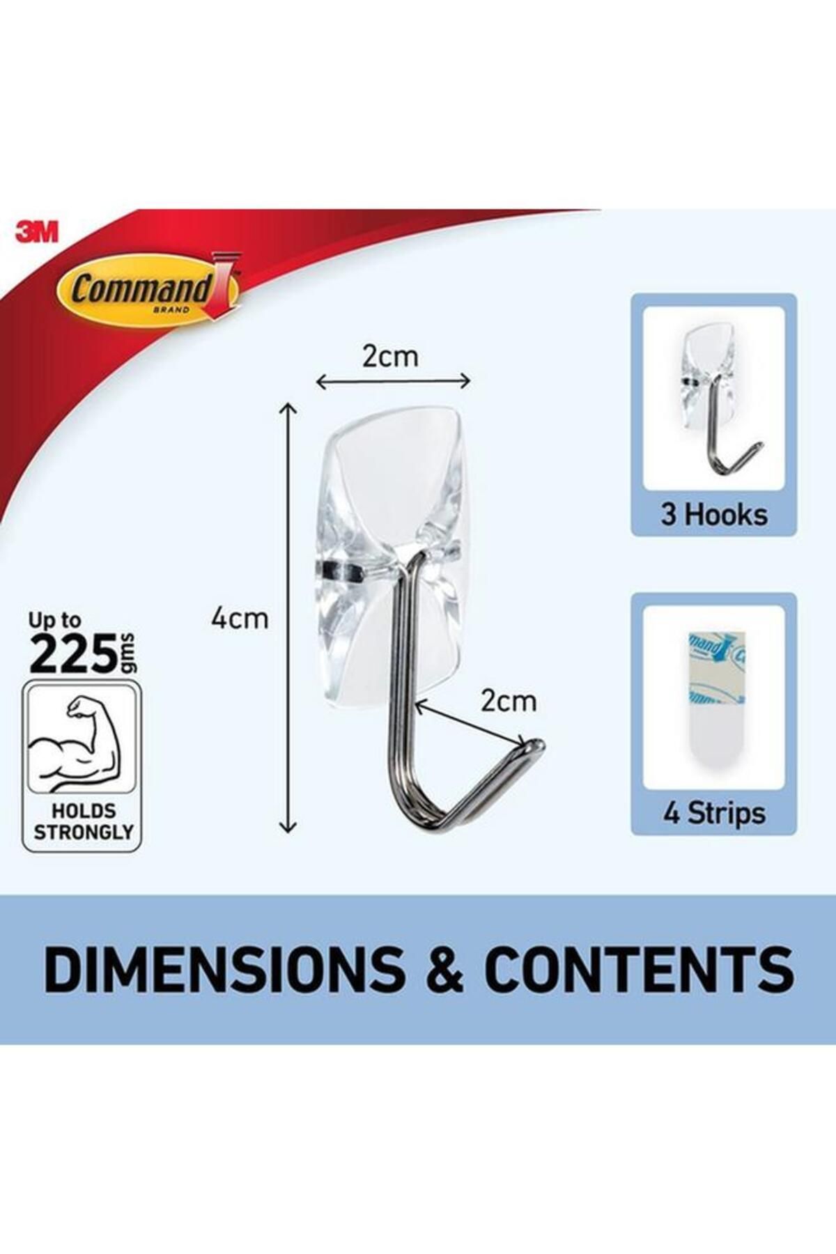 Generic-Command 3-Piece Damage Free Hanging Wire Self Adhesive Hook with 4 Strips Clear Small 117067CLR-ES 3