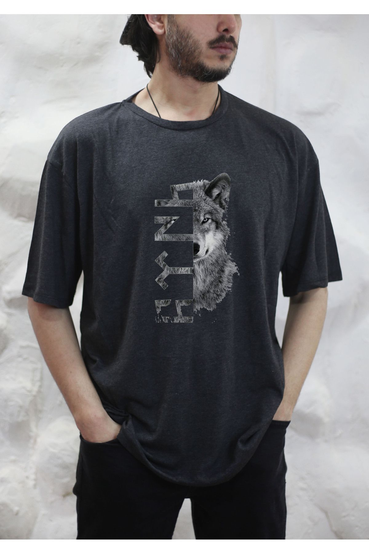 sielta Türk Bozkurt Baskılı Oversize Erkek Pamuklu Antrasit Tişört T-shirt