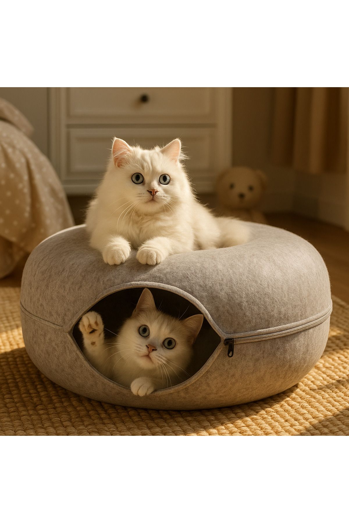 Prime Kedi Tüneli ve Yatağı | 2 Katlı Oyun ve Dinlenme Alanı | Fermuarlı, Taşınabilir, Modern Tasarım-Gri