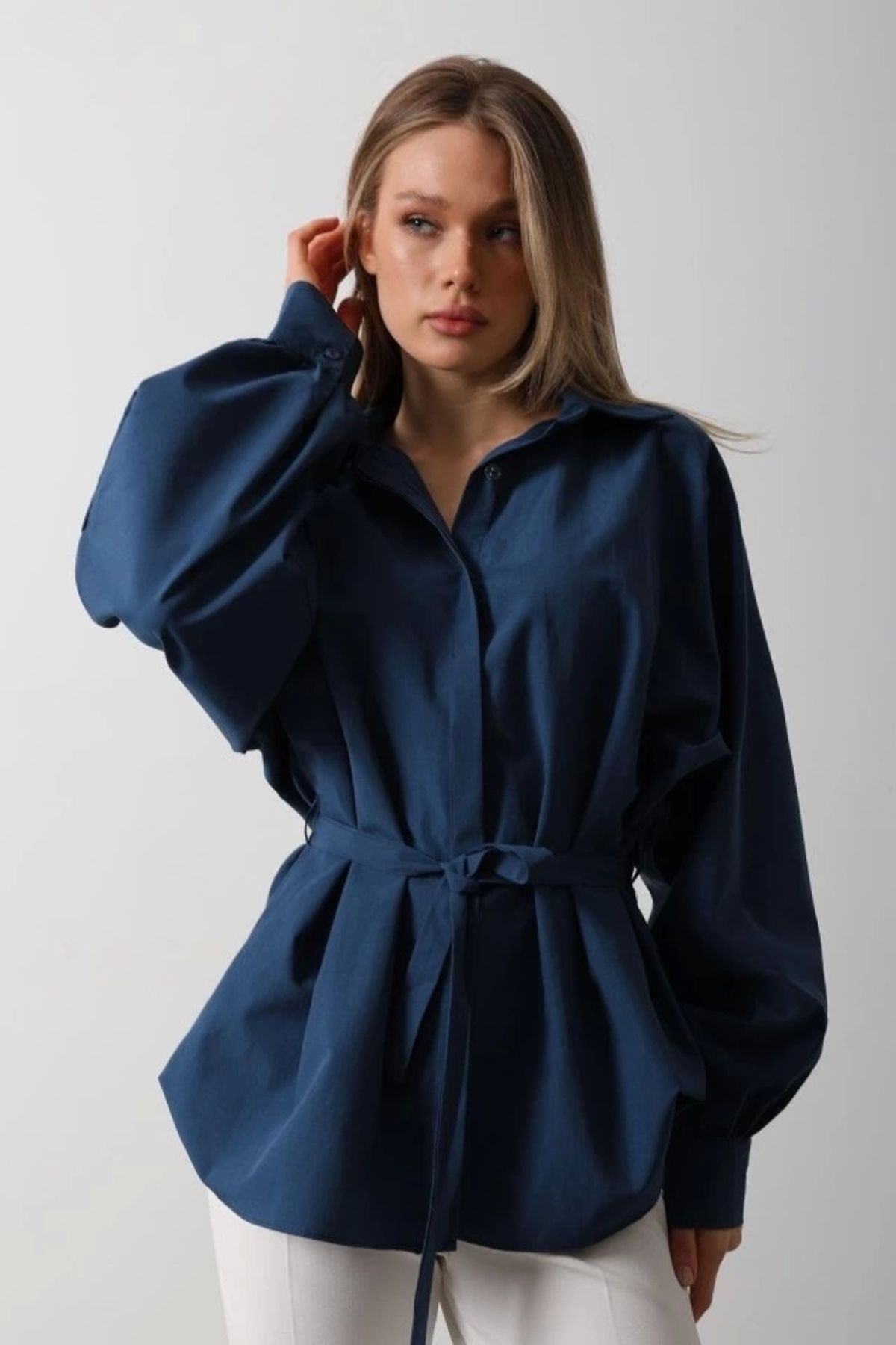 Butik Bel Detaylı Gömlek - İndigo