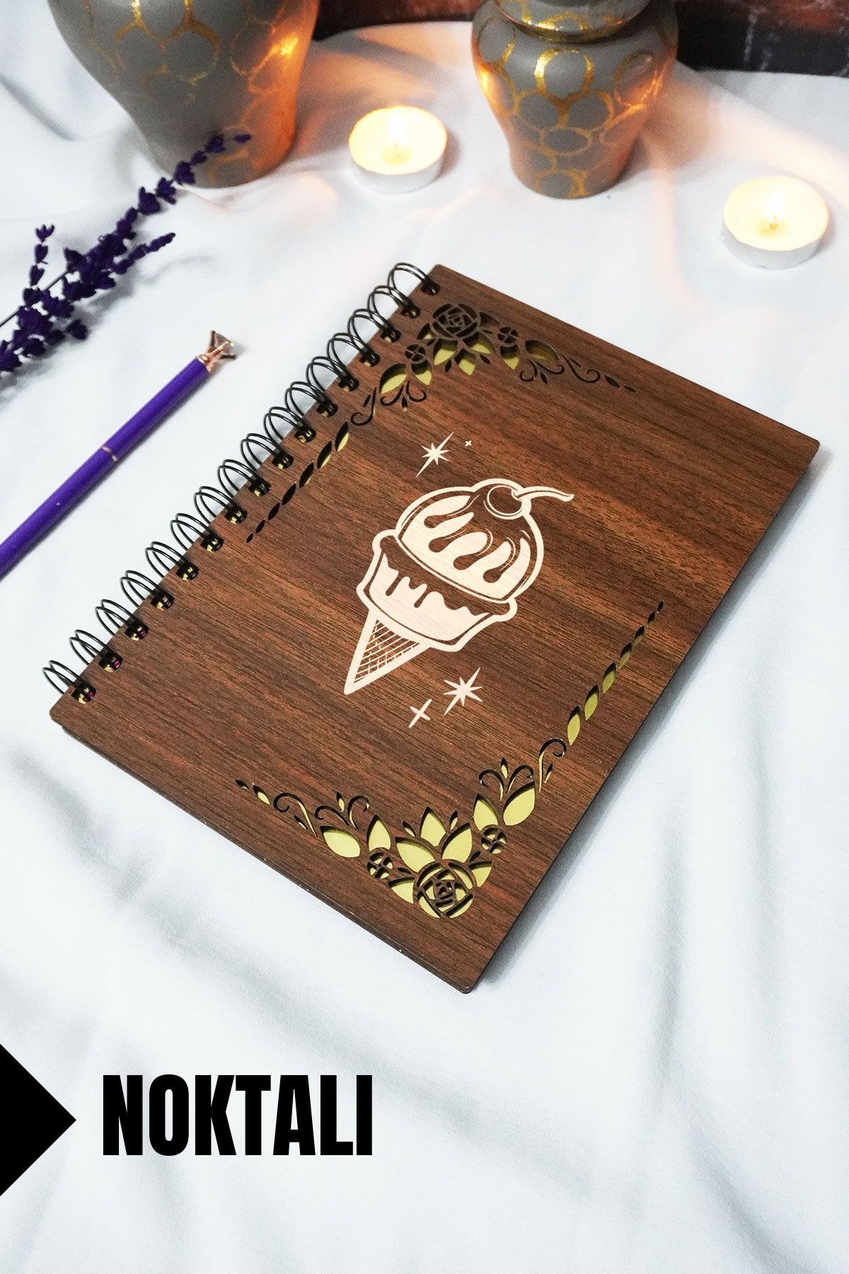 markcat Dondurma Ahşap Kapaklı Spiralli Defter - Çizgili Defter - 60 yaprak (120 sayfa) - A5 15x21 cm