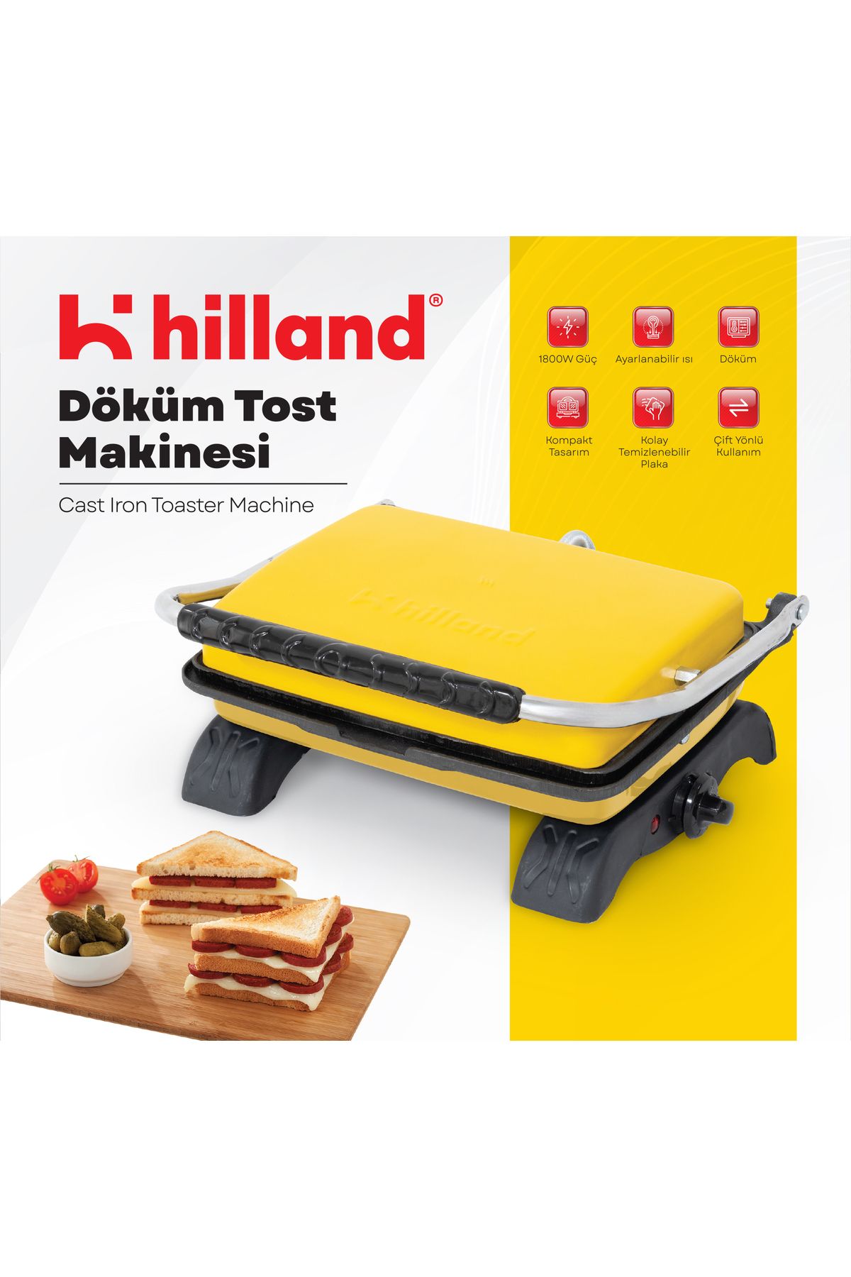 hilland Organik %100 Demir Döküm Plakalı Tost Makinesi - Temizleme Fırçası Hediyeli
