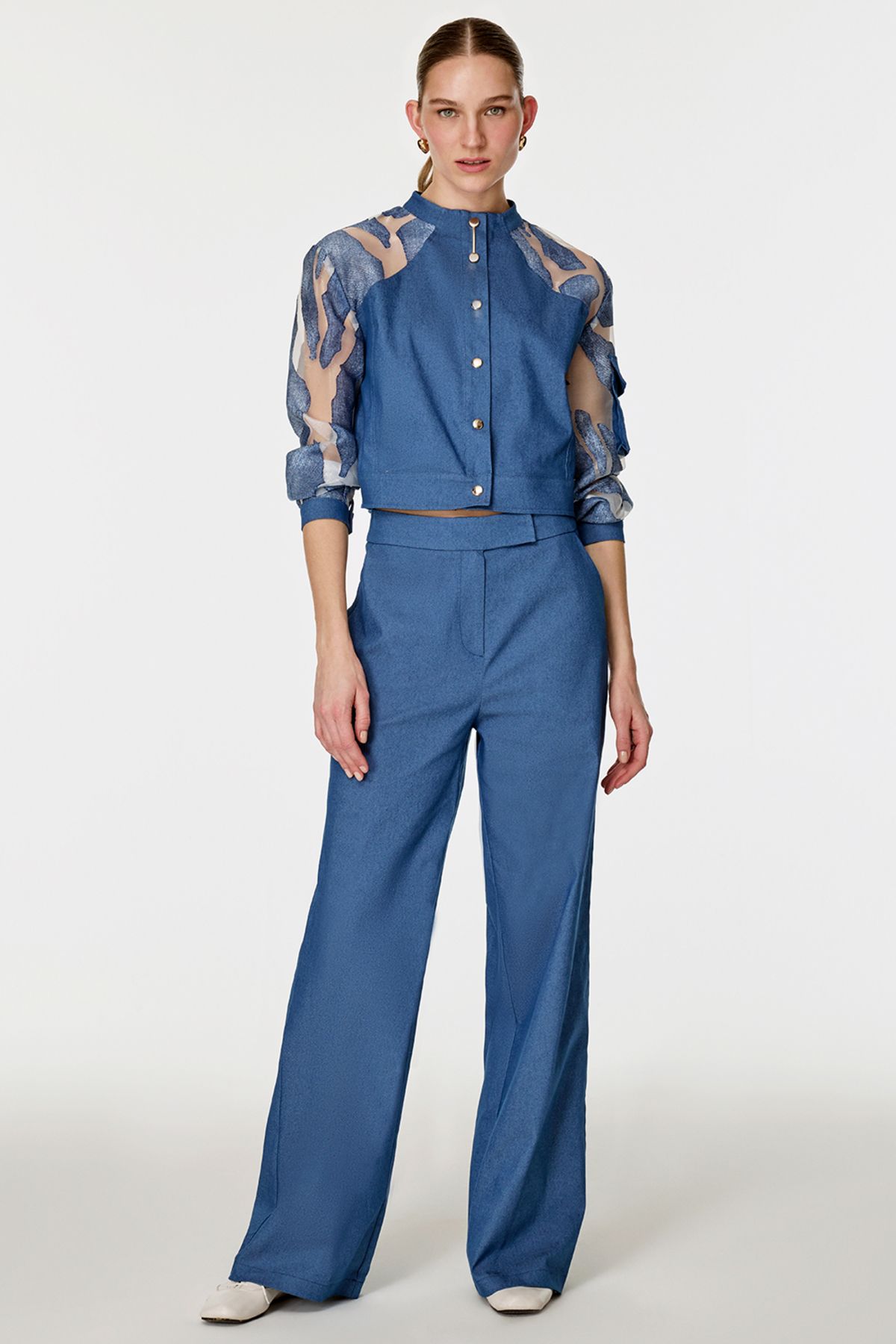 NAGRADA Organze Garnili Denim Görünümlü Takım İNDİGO