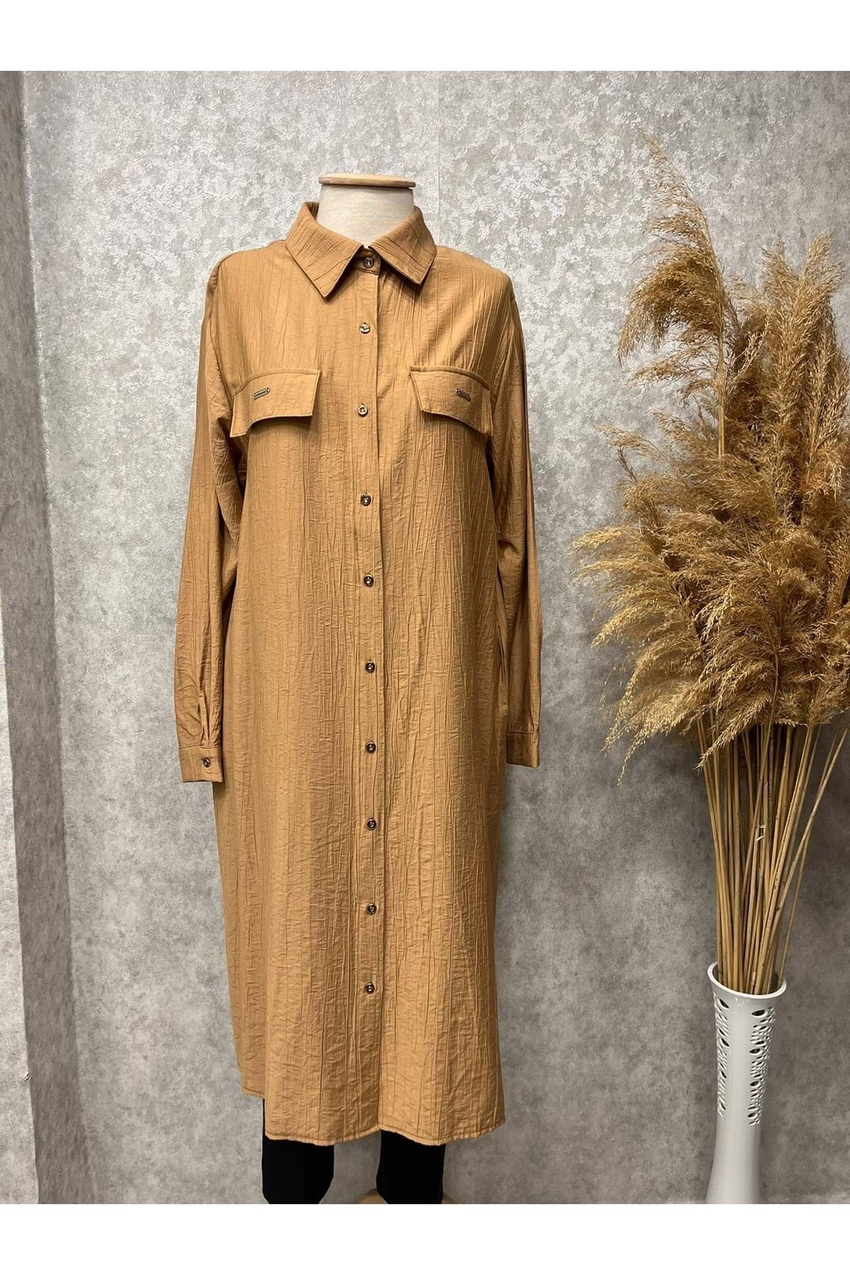 KADO 25Y1297 TUNİK UZUN SÜS CEP DETAYLI CAMEL