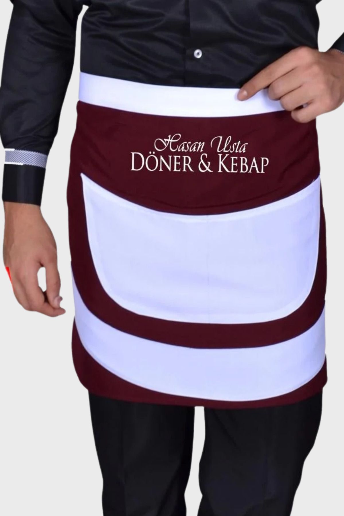 Üniformanya İsim Hediyeli Bordo Beyaz Kısa Belden Bağlama Önlük Yarım Garson Komi Şef Aşçı Önlüğü Kafe Restoran