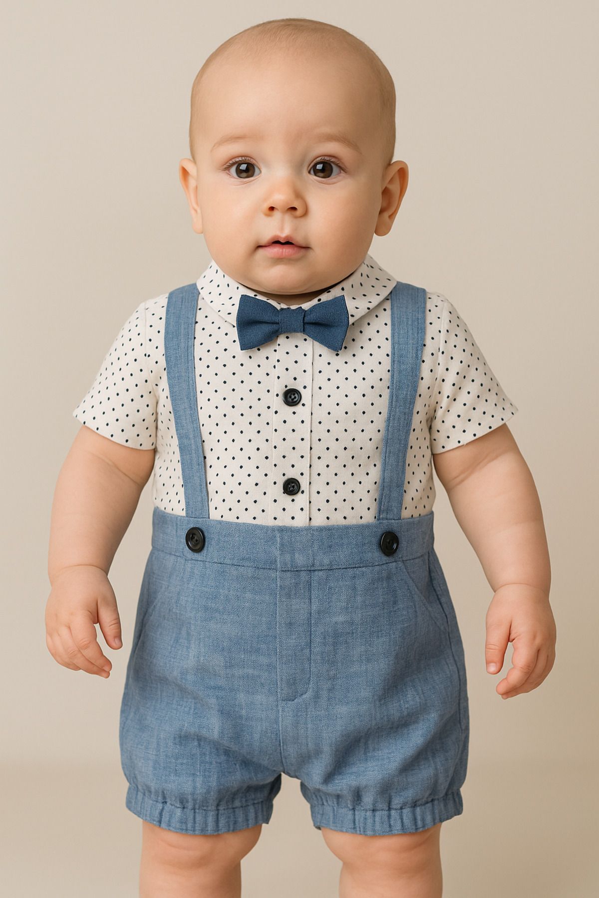 Kila Baby Kids Erkek bebek şort salopet papyon ve gömlekli takım
