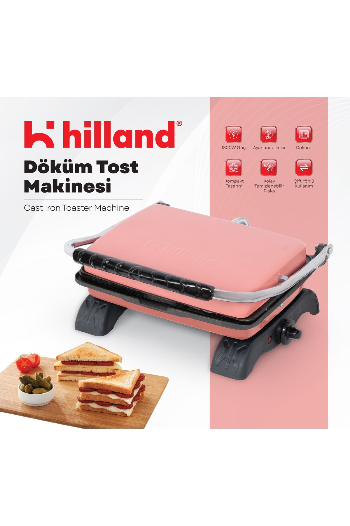 hilland Organik %100 Demir Döküm Plakalı Tost Makinesi - Temizleme Fırçası Hediyeli