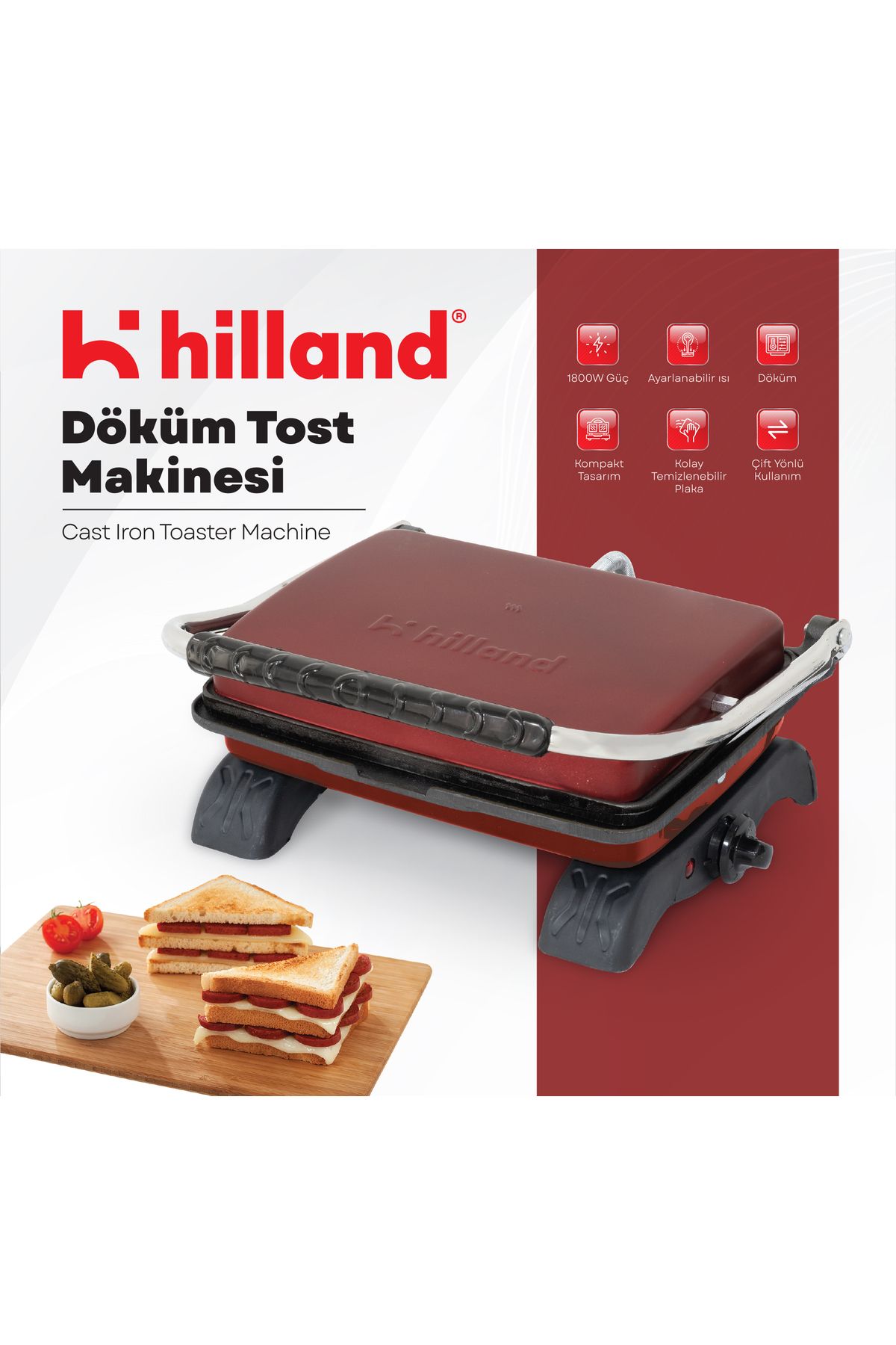 hilland Organik %100 Demir Döküm Plakalı Tost Makinesi - Temizleme Fırçası Hediyeli