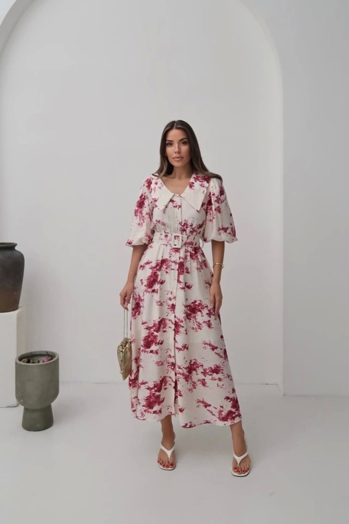 Butik Kırmızı Desenli Kemerli Elbise