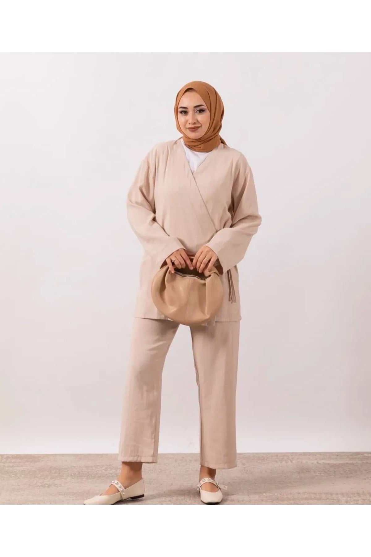 Rumella 25Y4284 TAKIM KİMONO PANTOLON BAĞLAMALI PANTOLON BEL LASTİKLİ BEJ