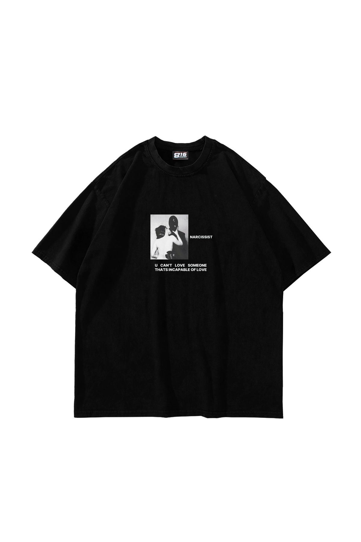Sekizbiraltı Narcissist Baskılı Oversize Unisex Siyah Tshirt
