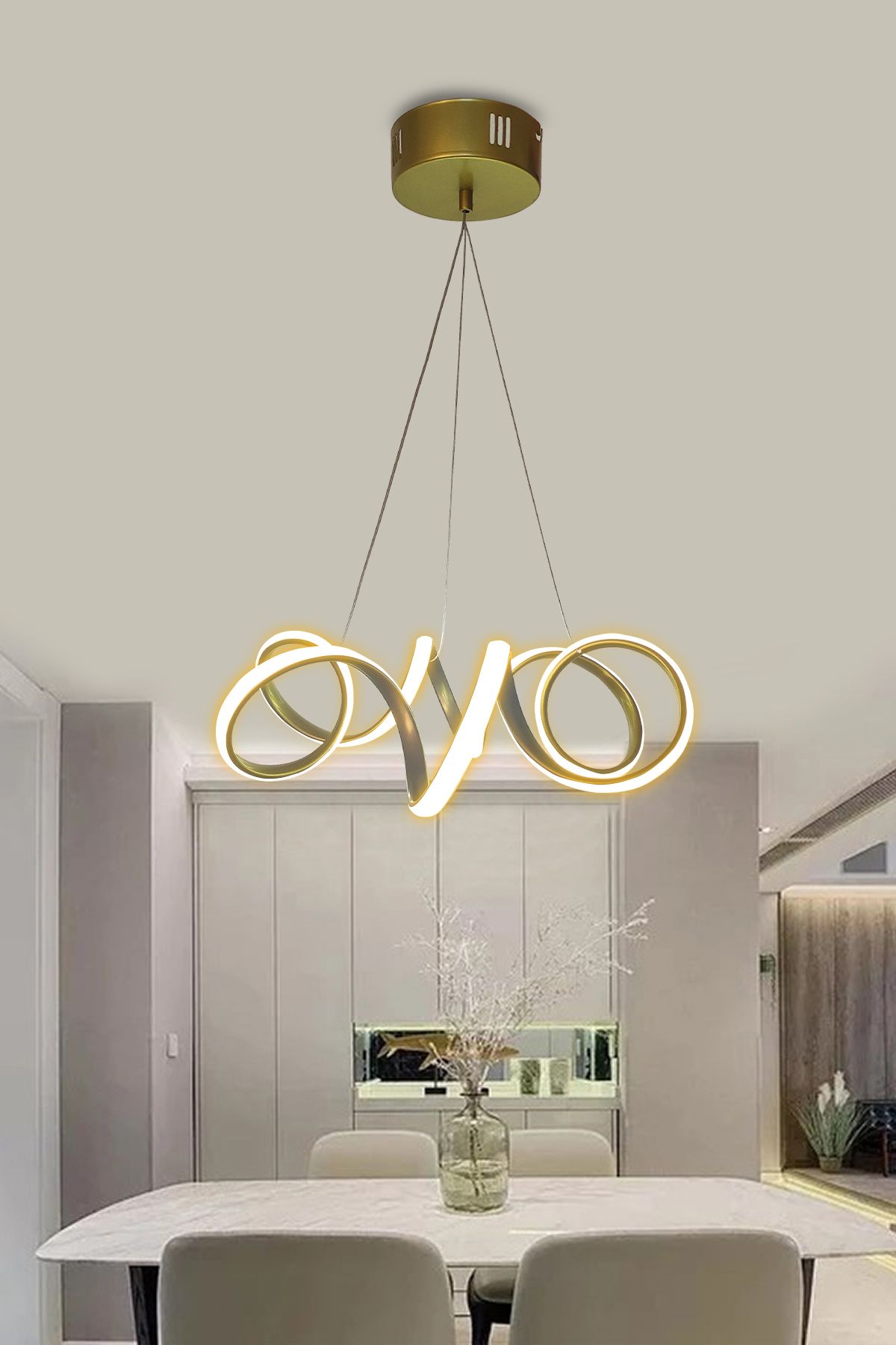RSCOLLECTIONS Modern Sarkıt Krom Kıvrım Beyaz Işık Led Avize Kumandalı Gold