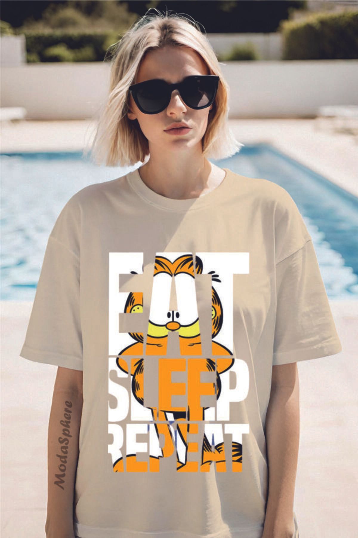 ModaSphere GARFIELD EAT Baskılı Bisiklet Yaka Unisex Oversize Tişört