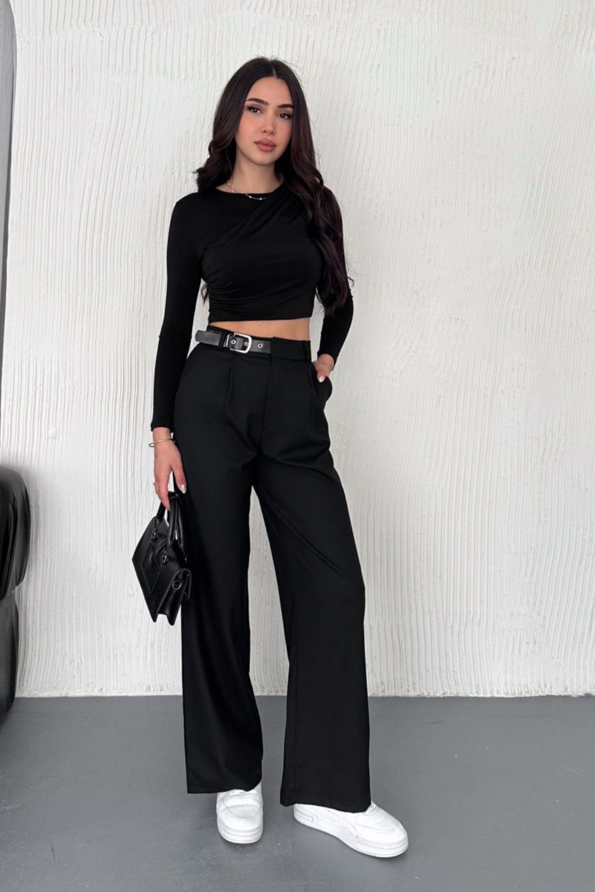 COOL TARZ Kadın Çift Pile Detaylı Kemerli Lima Pantolon Siyah
