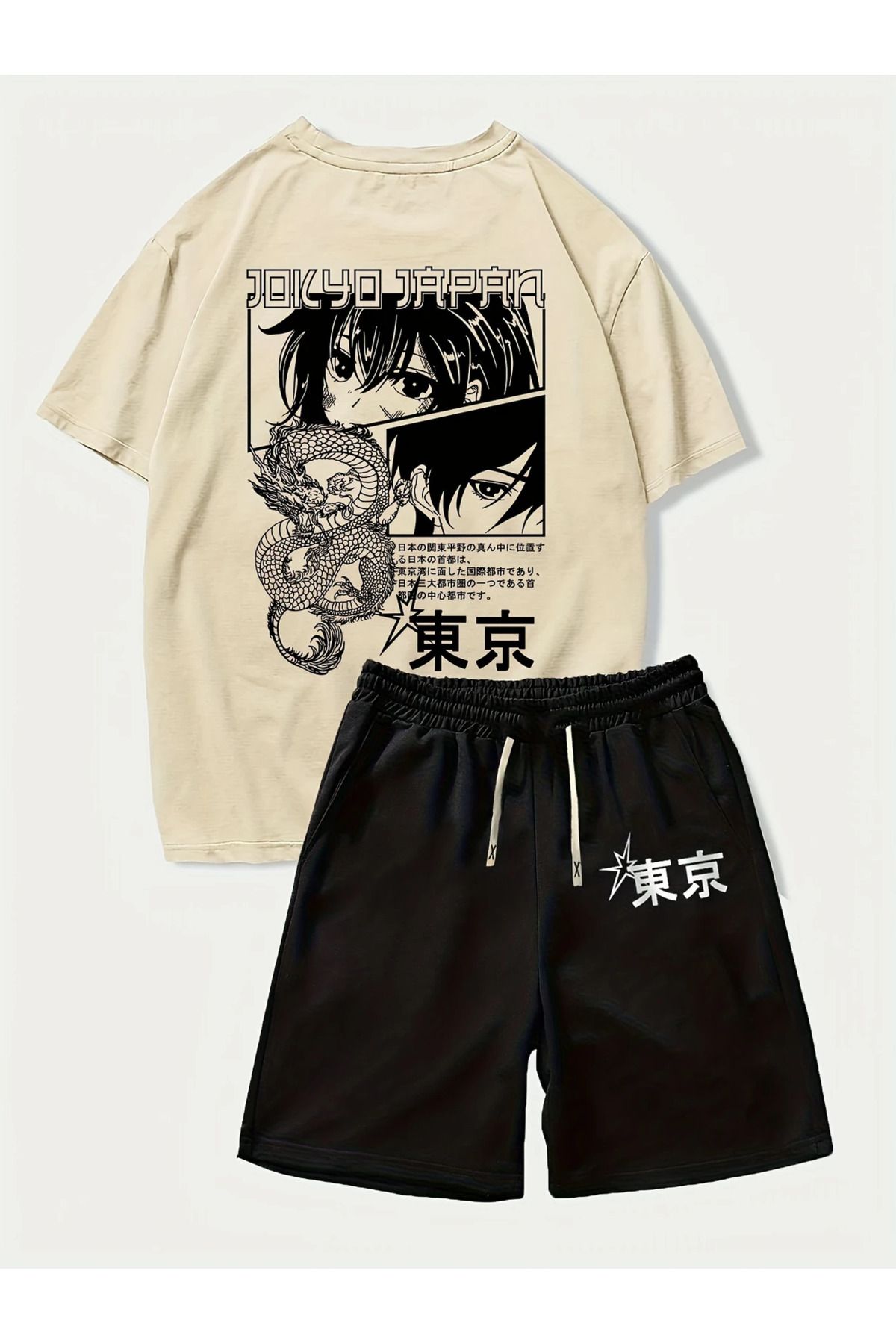 aynewmoda Erkek Günlük Kıyafet Tokyo Anime Baskılı Kısa Kollu Gömlek ve Bağcıklı Bel Şortu