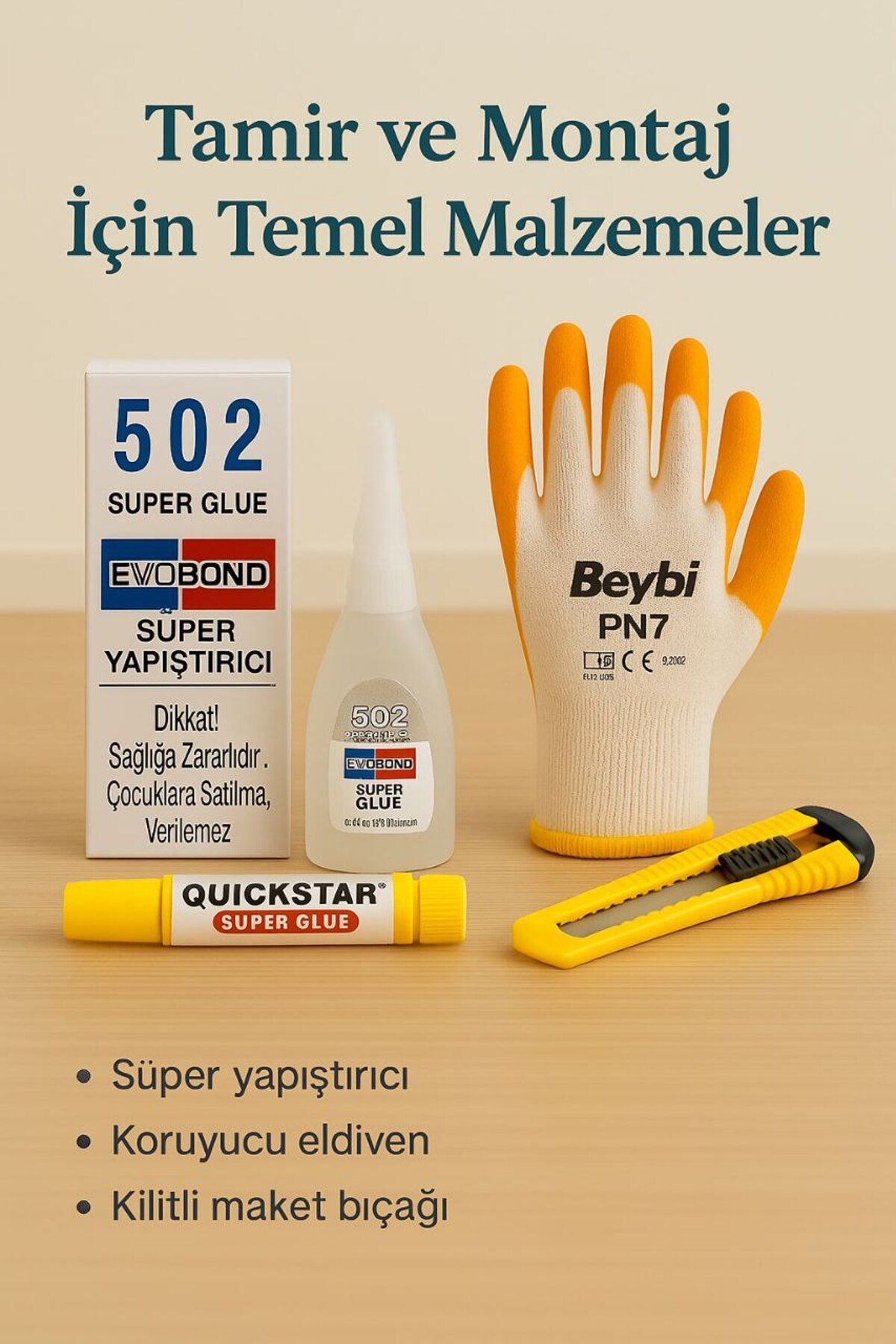 Metler Tamir ve Montaj Seti | Süper Yapıştırıcı + Koruyucu Eldiven + Kilitli Maket Bıçağı