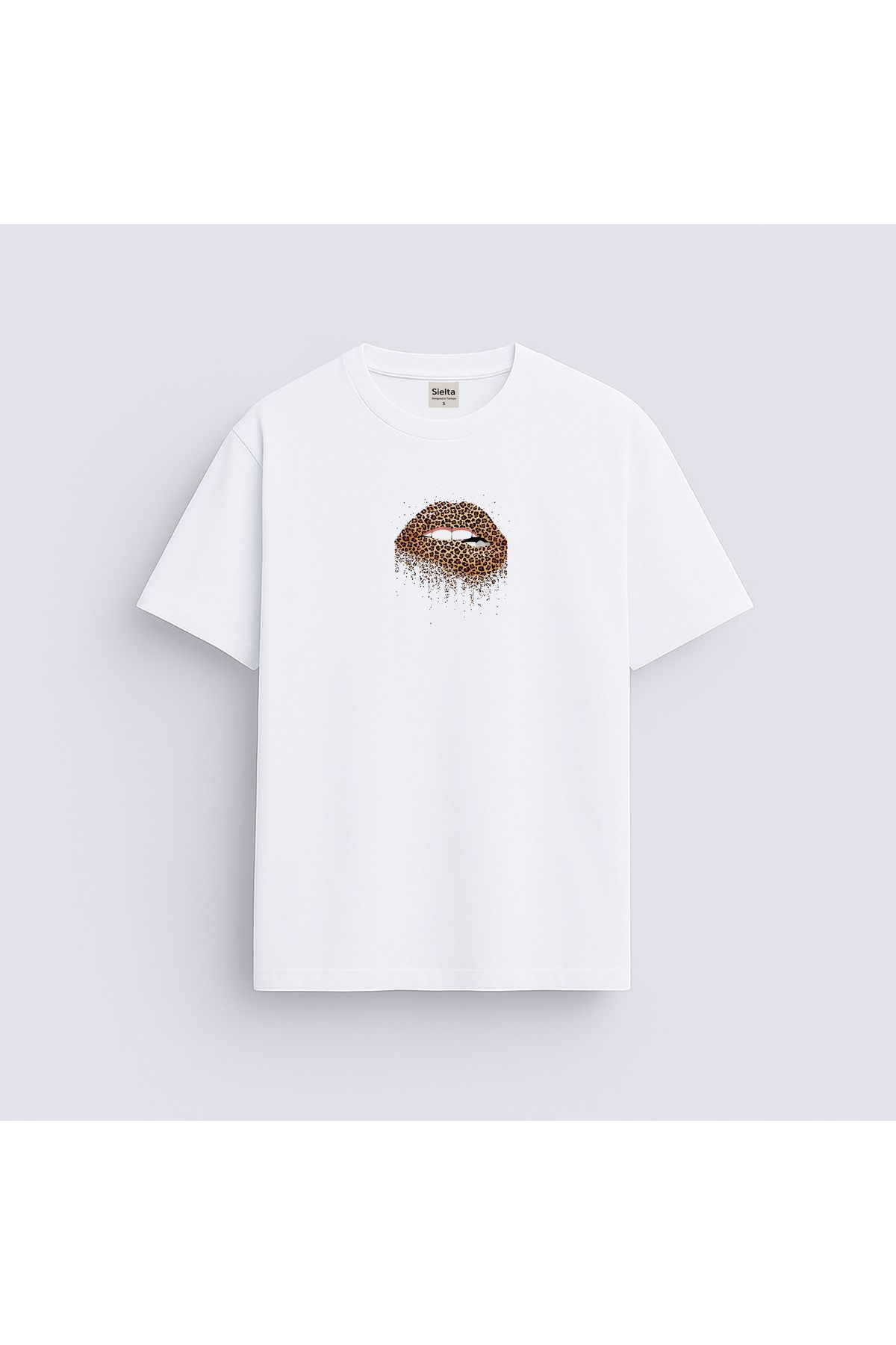 sielta Leopar Dudak Baskılı Unisex Kadın Erkek Bisiklet Yaka T-Shirt Tişört