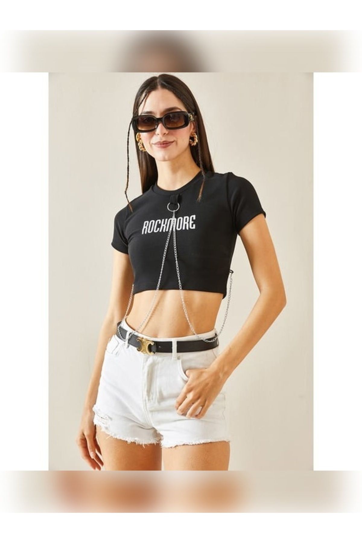 Enter Bisiklet Yaka Zincir Detaylı Crop T-Shirt