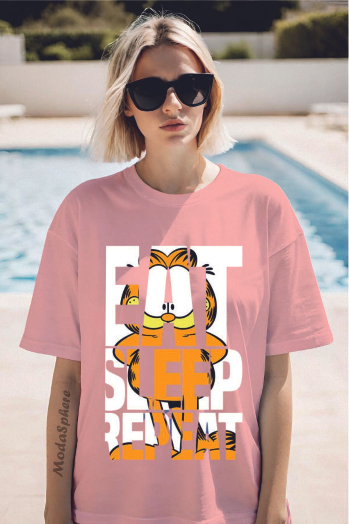 ModaSphere GARFIELD EAT Baskılı Bisiklet Yaka Unisex Oversize Tişört