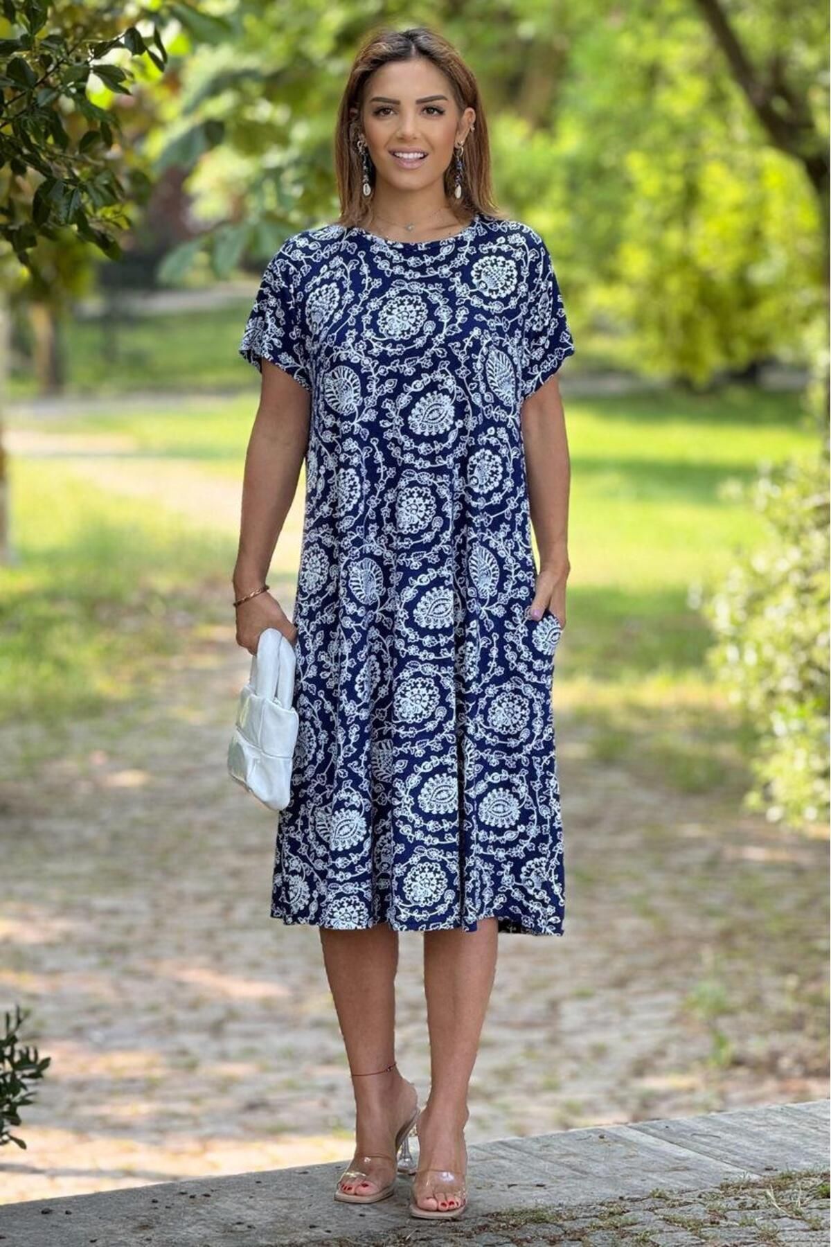 Nevin Kaya Moda Lacivert Samos Desenli %100 Pamuk Viskon Elbise