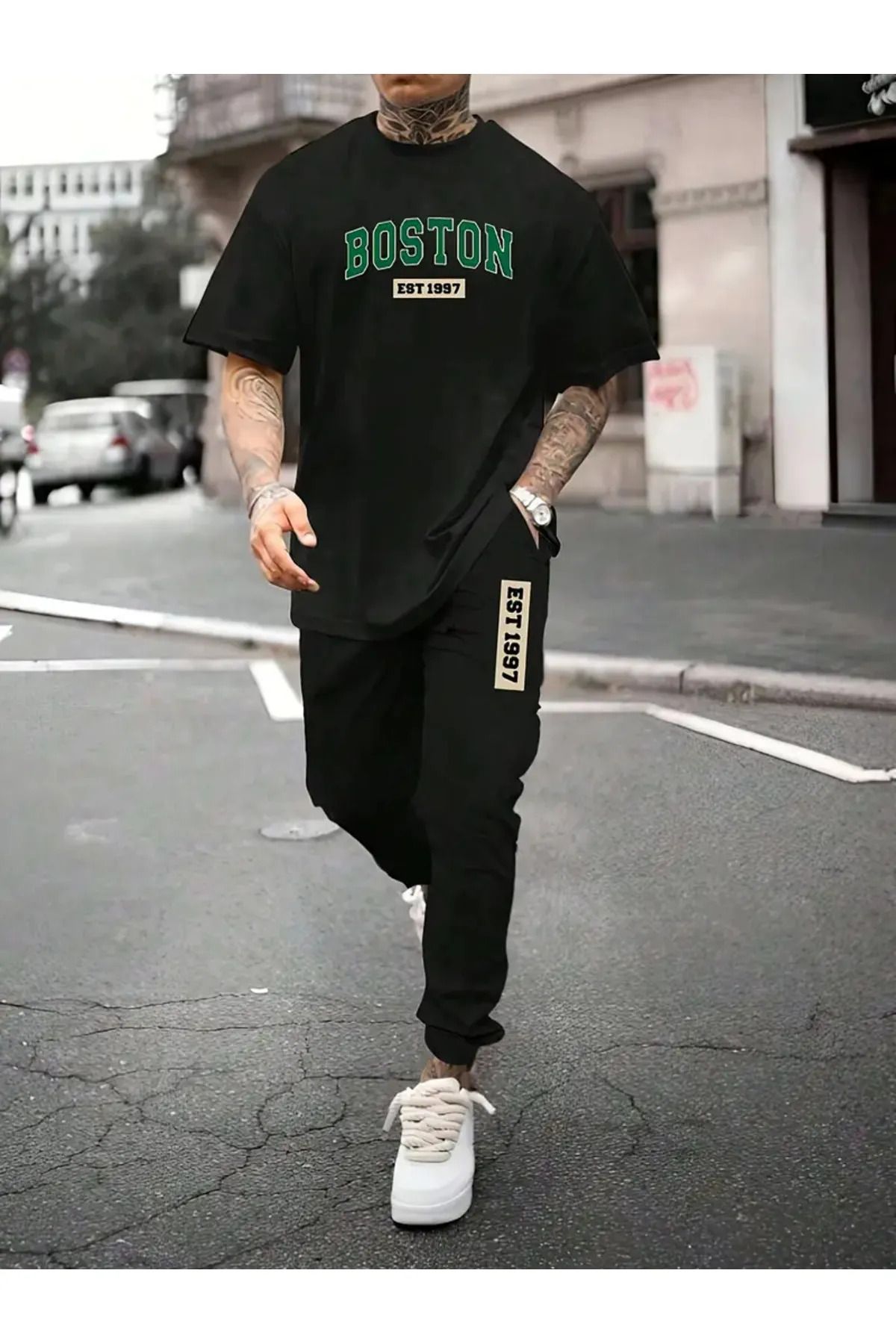 LUNAVISTA Boston Harf Baskılı Tişört ve Pantolon Takımı, Yazlık Rahat - GUILLERMO, XS-7XL