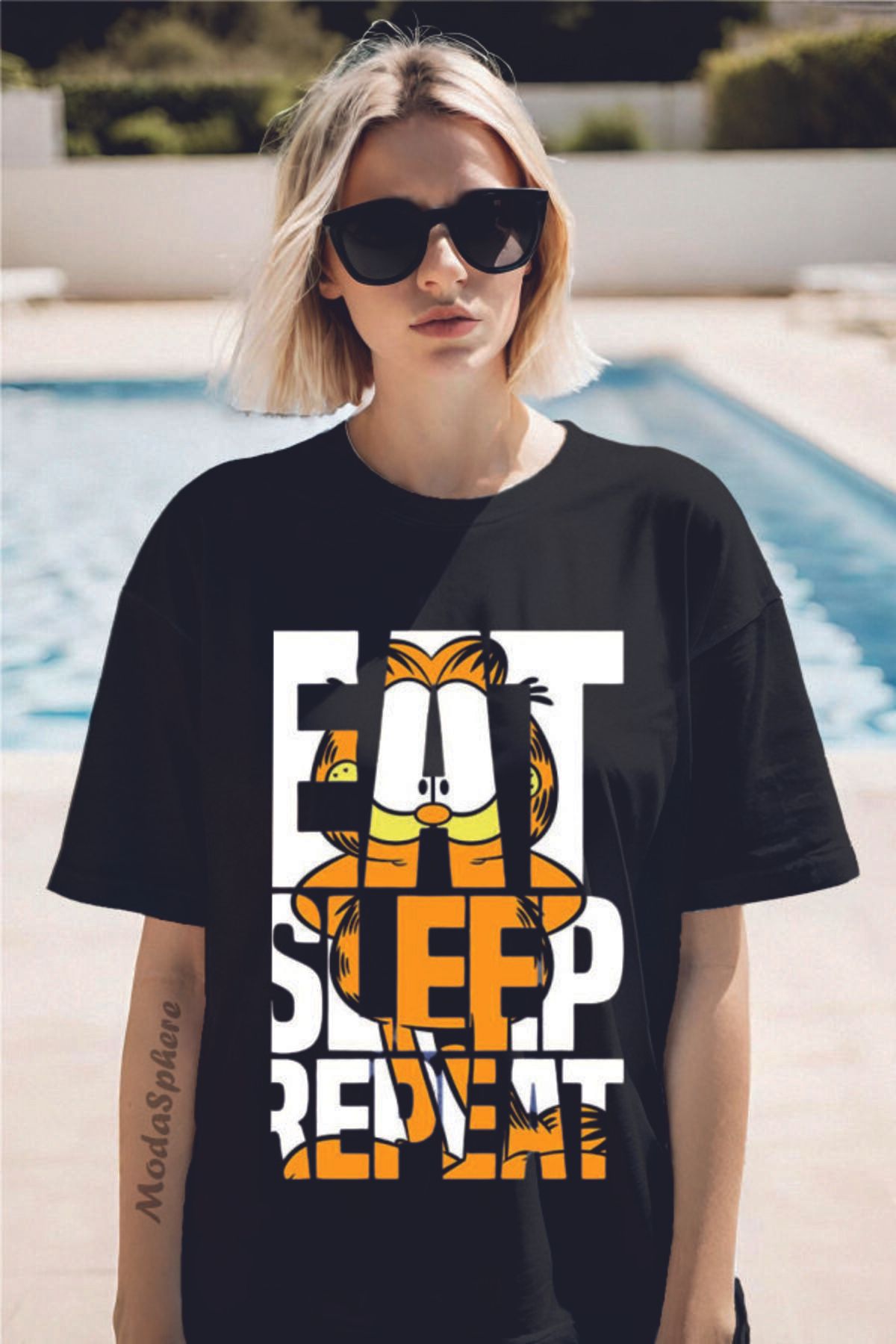 ModaSphere GARFIELD EAT Baskılı Bisiklet Yaka Unisex Oversize Tişört