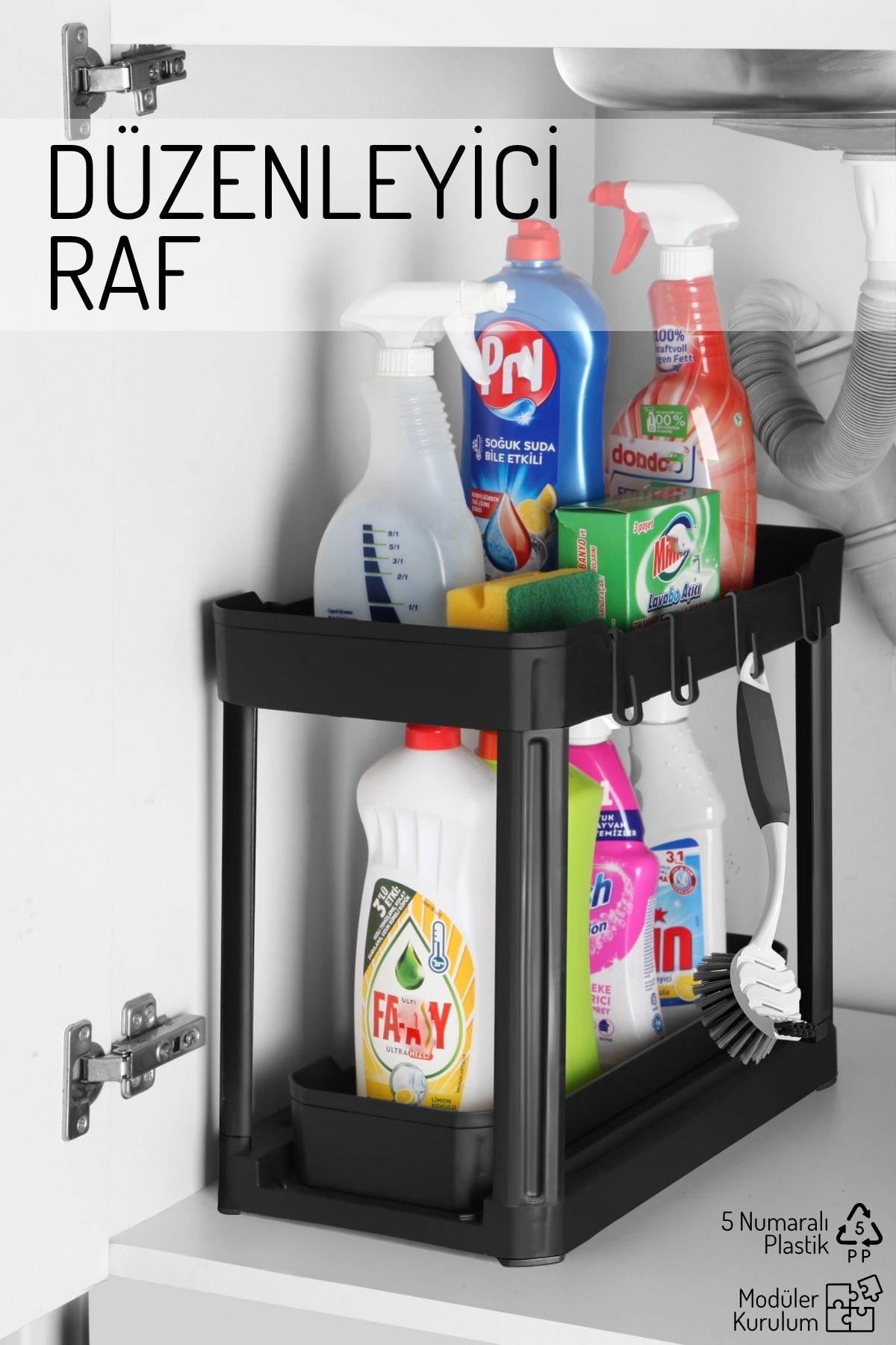 Nandy Home İki Katlı Fonksiyonel Düzenleyici – Dolap, Evye Altı, Tezgah Üstü SİYAH