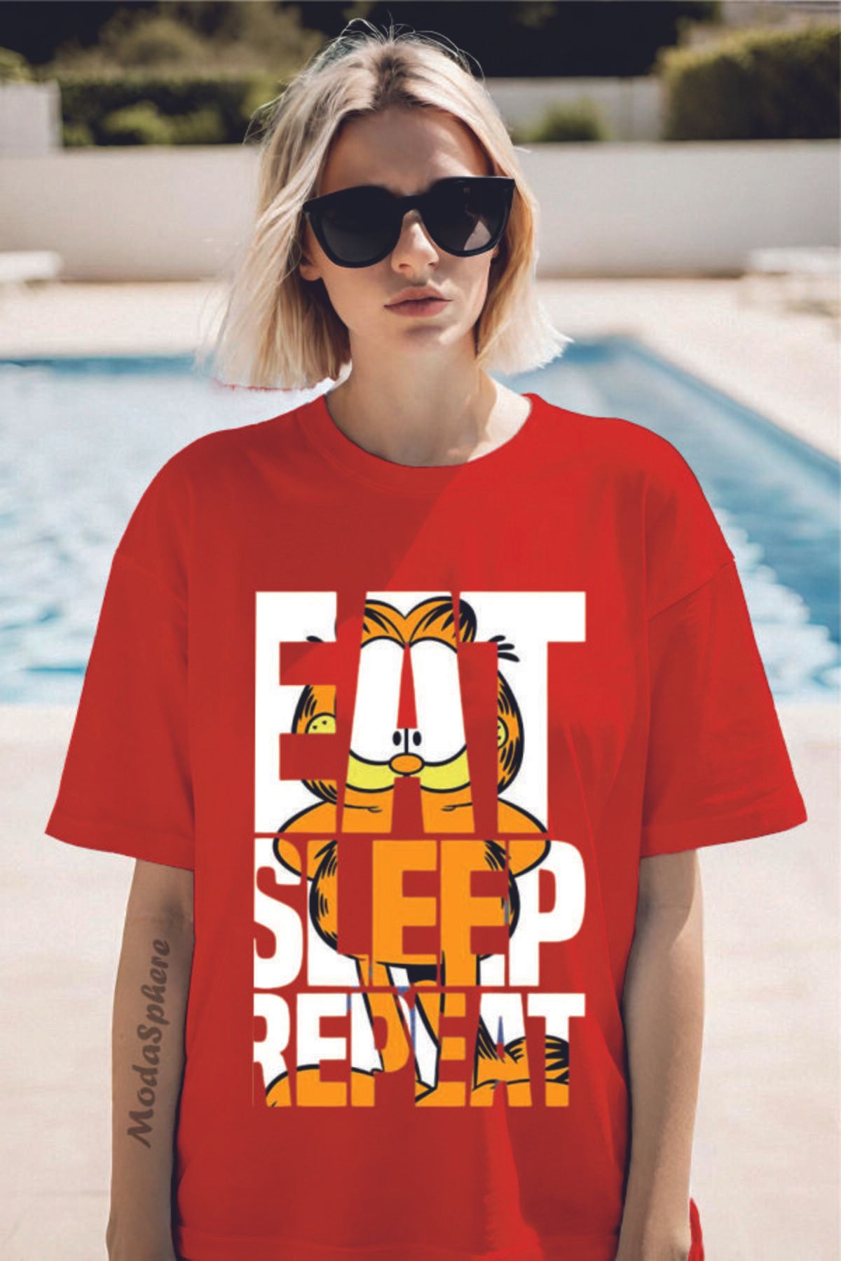 ModaSphere GARFIELD EAT Baskılı Bisiklet Yaka Unisex Oversize Tişört