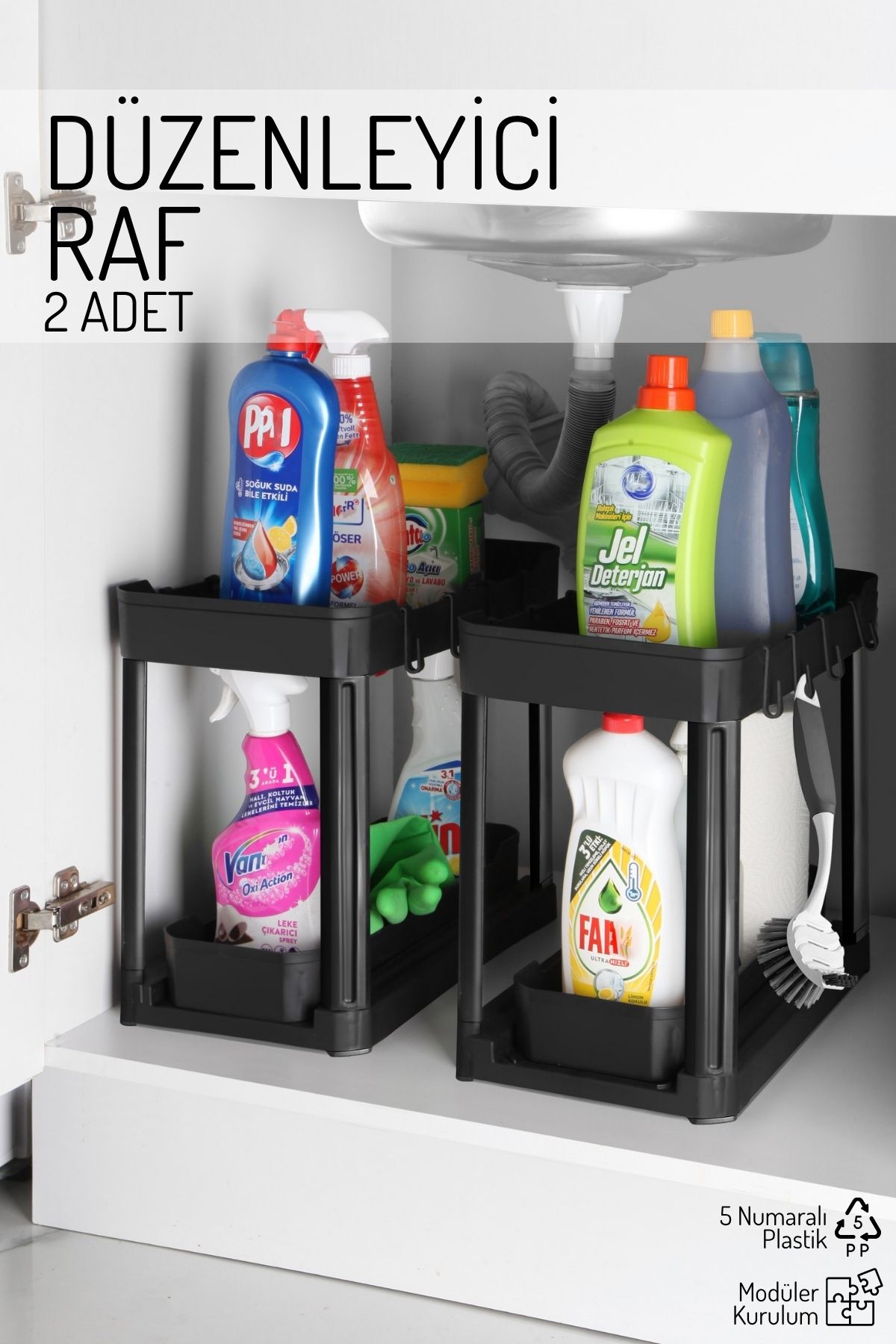 Nandy Home 2'Li Set İki Katlı Fonksiyonel Düzenleyici – Dolap, Evye Altı, Tezgah Üstü SİYAH