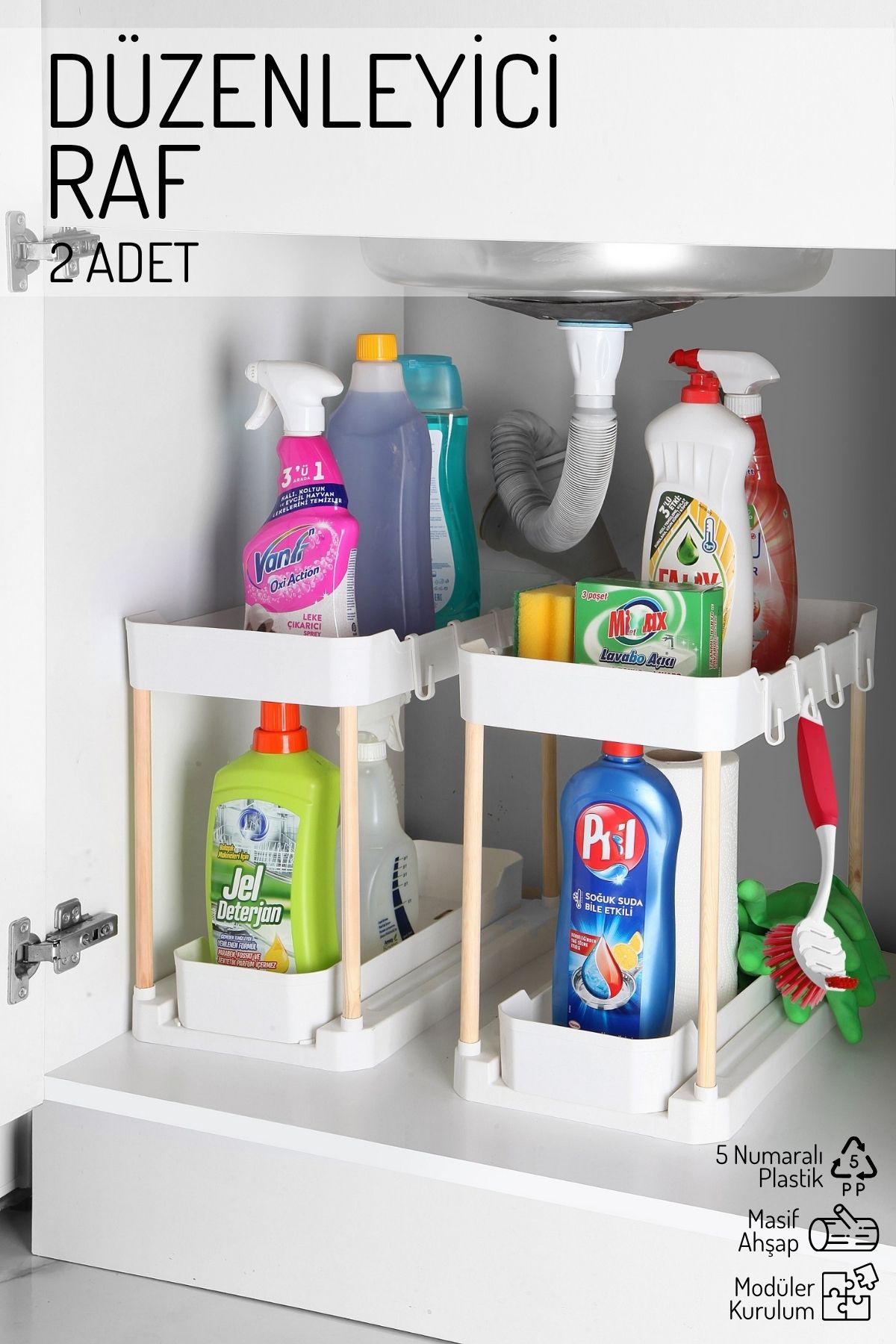 Nandy Home 2'Li Set Ahşap Ayaklı İki Katlı Fonksiyonel Düzenleyici – Dolap, Evye Altı, Tezgah Üstü BEYAZ