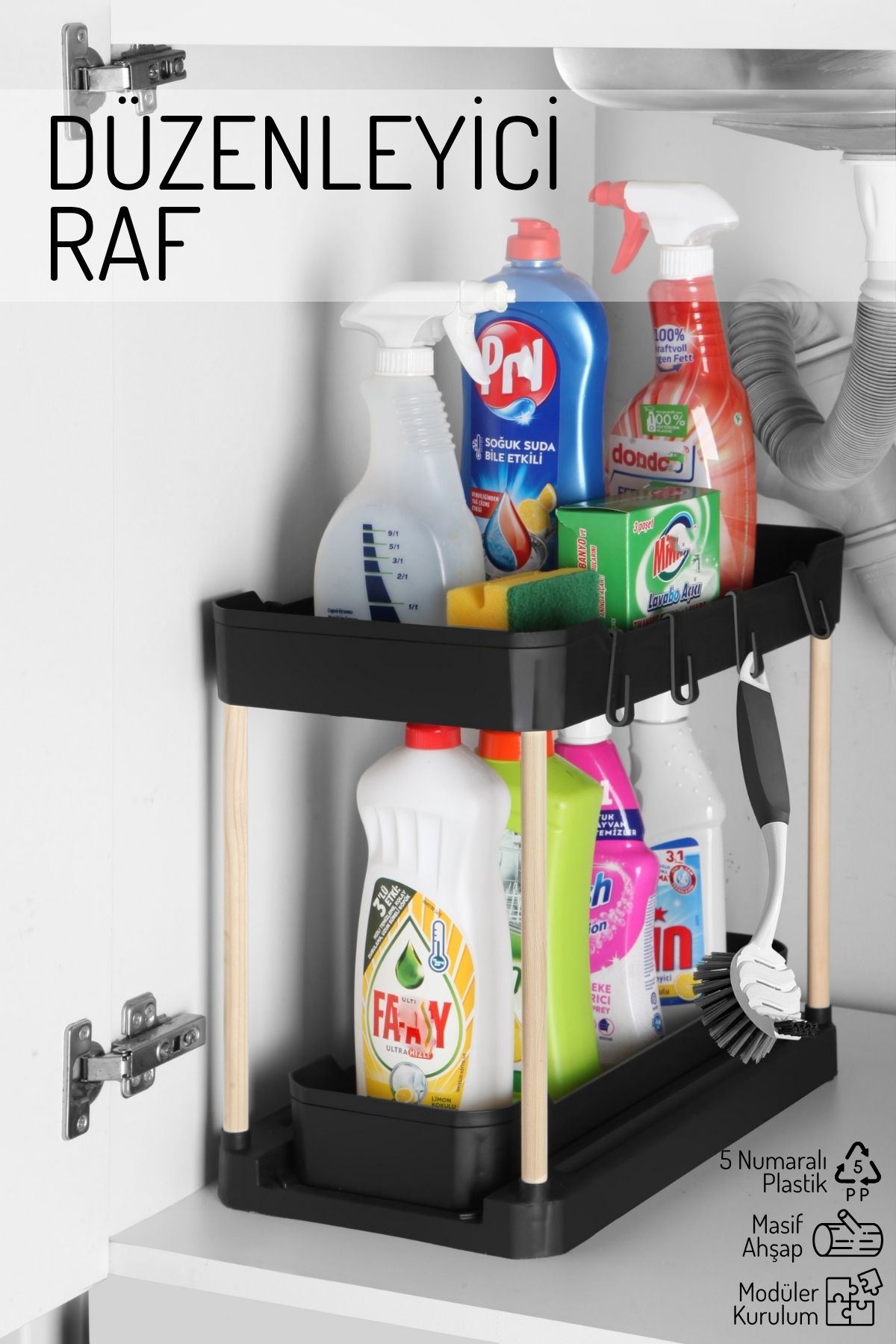 Nandy Home Ahşap Ayaklı İki Katlı Fonksiyonel Düzenleyici – Dolap, Evye Altı, Tezgah Üstü SİYAH