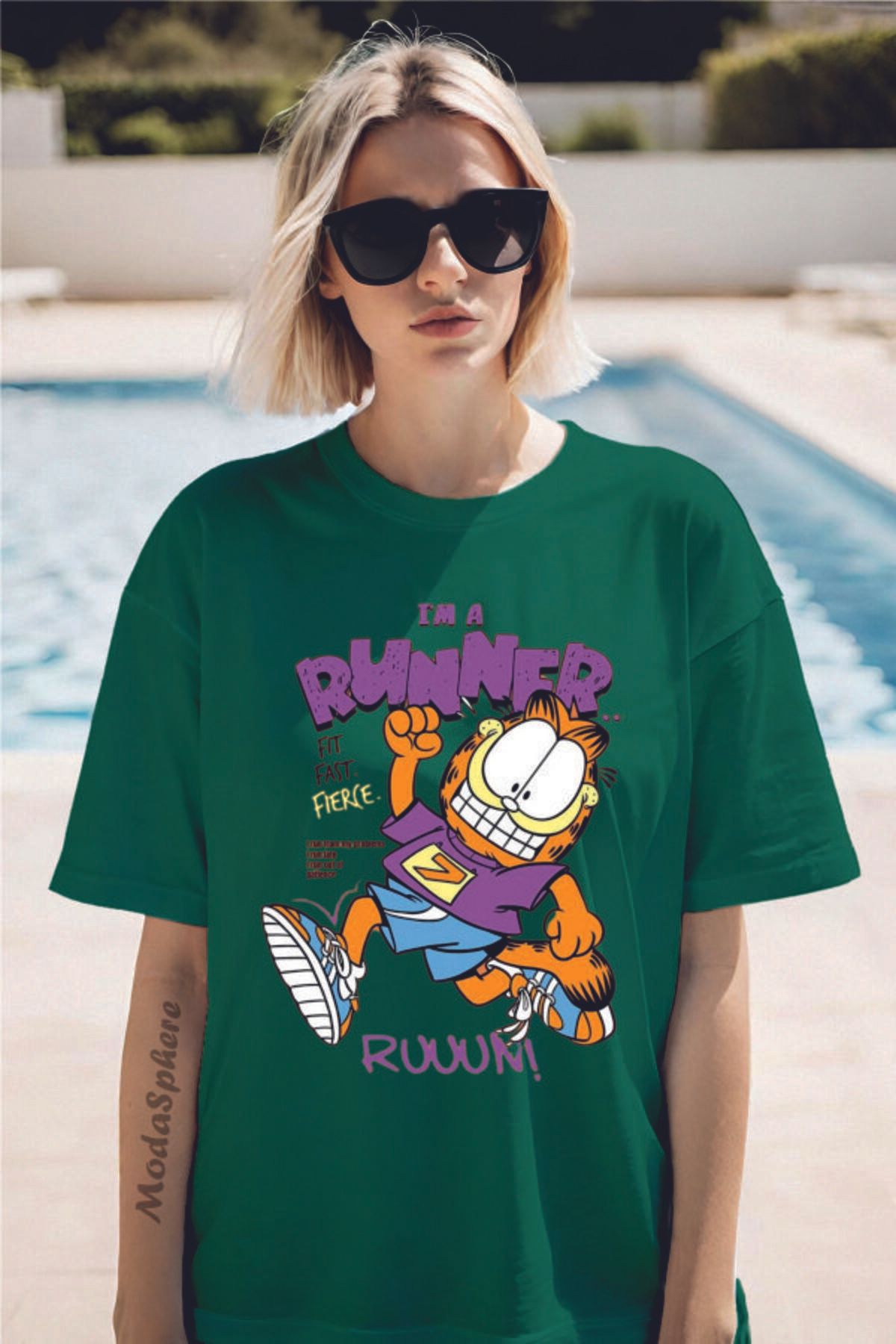 ModaSphere GARFIELD RUNNER Baskılı Bisiklet Yaka Unisex Oversize Tişört