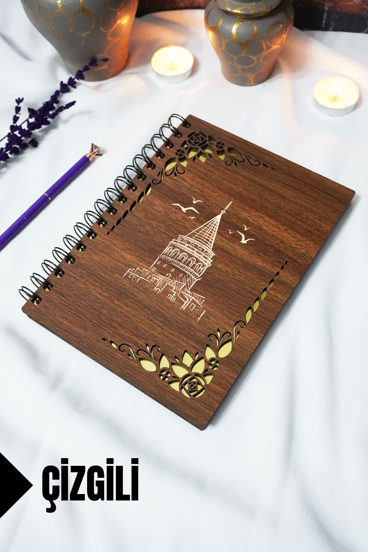markcat Galata Kulesi Ahşap Kapaklı Spiralli Defter - Çizgili Defter - 60 yaprak (120 sayfa) - A5 15x21 cm