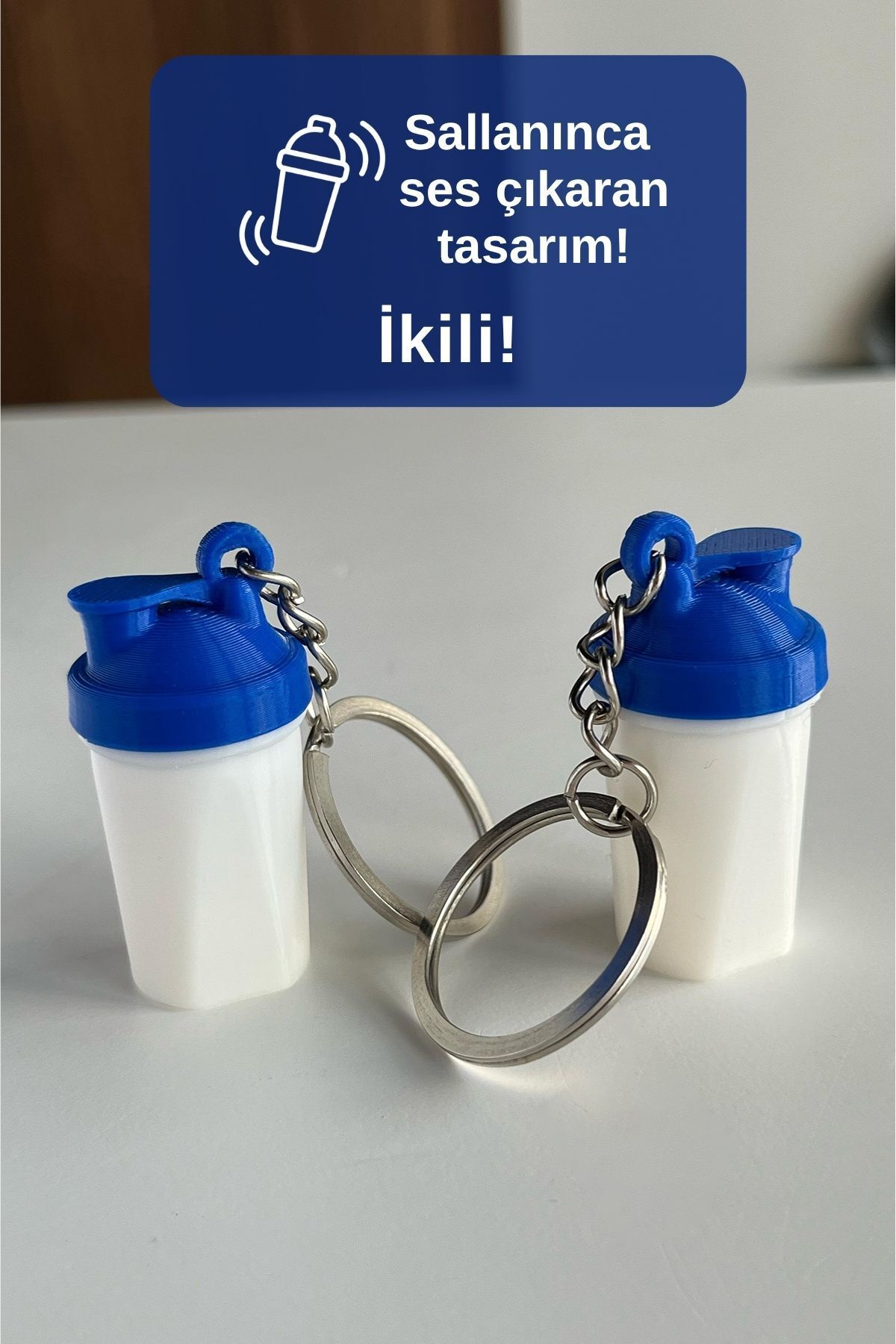 Harmonis Craft 2 Adet Protein Shaker Anahtarlık Sallanınca Ses Çıkaran Sporcu Anahtarlık - Beyaz Mavi