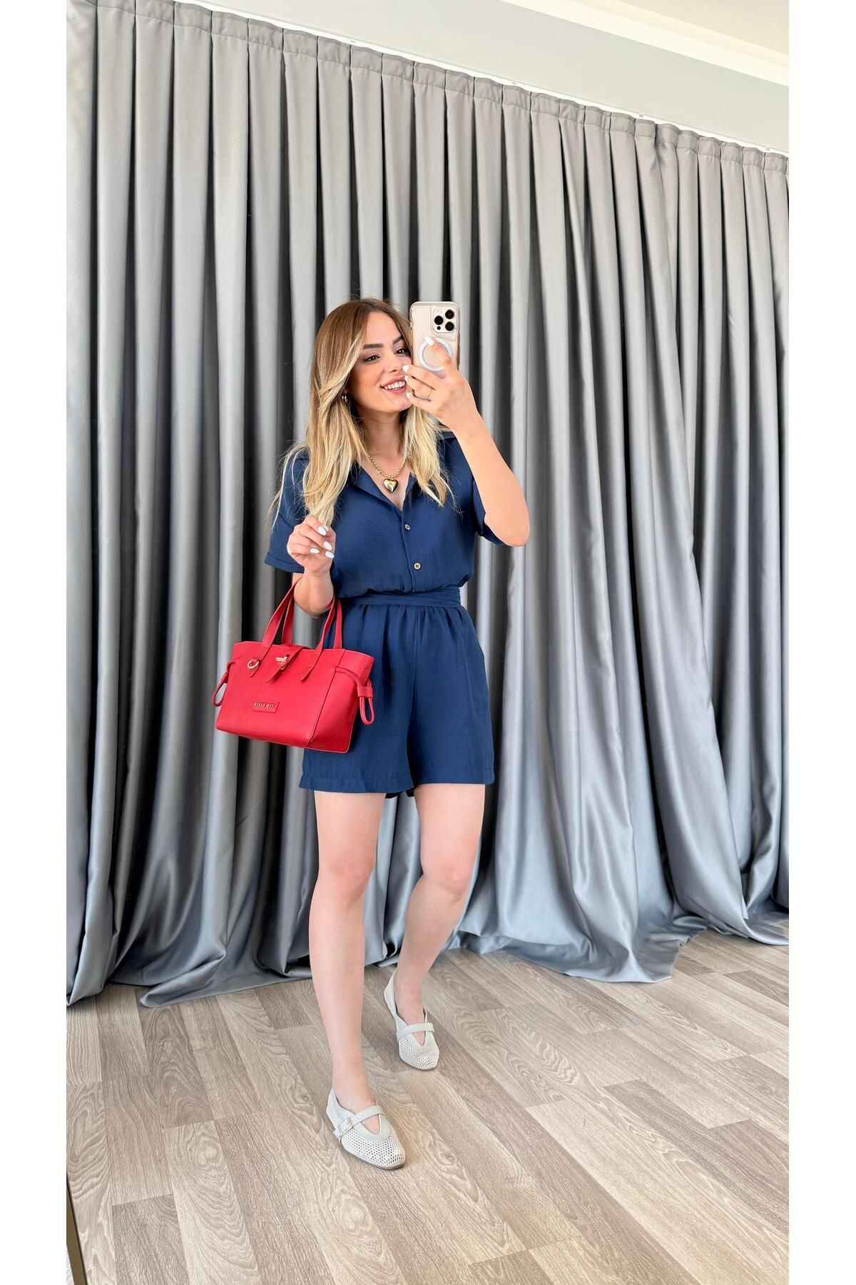 pelin yıldız butik Valencia Beli Bağlamalı Gömlek Yaka Tulum