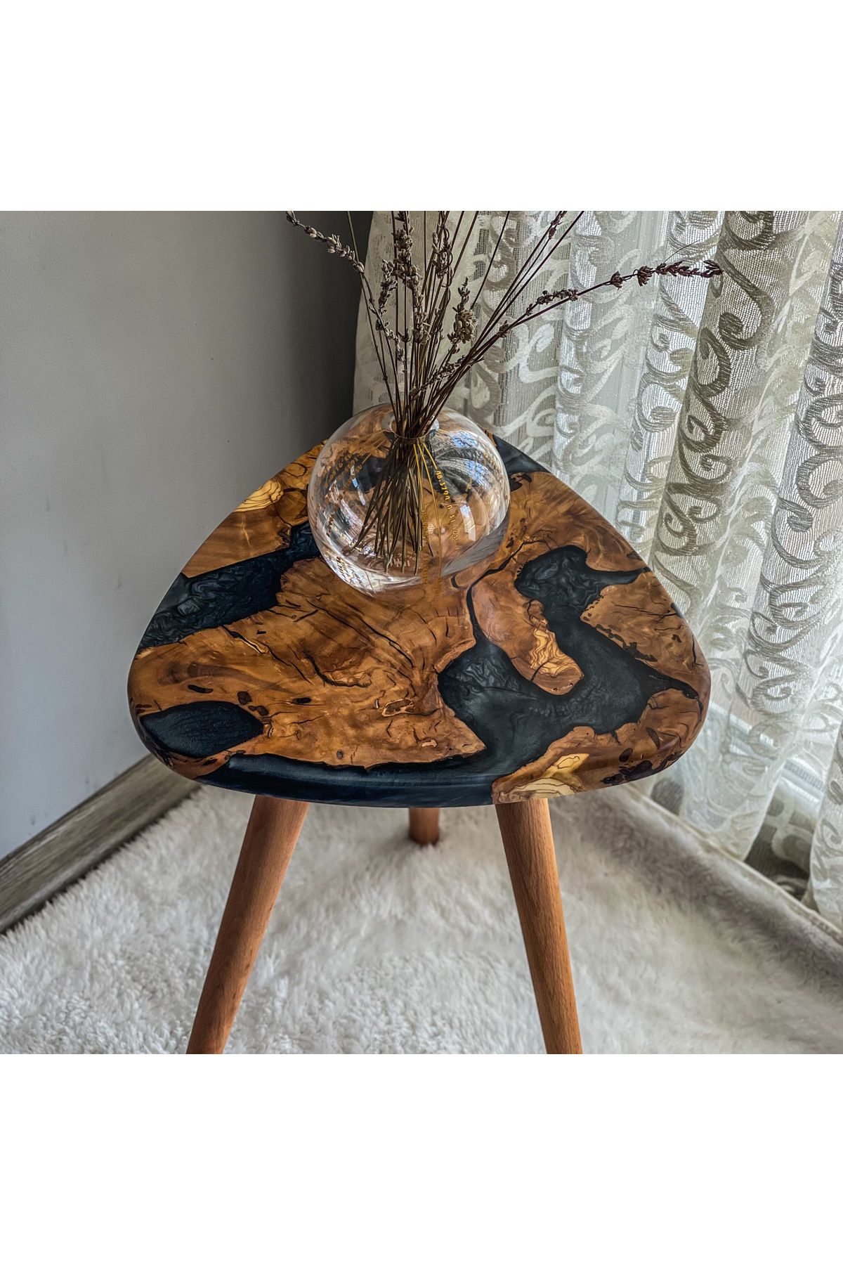 Home %100 Zeytin Ağacı ve Metalik Siyah Epoksi Sehpa