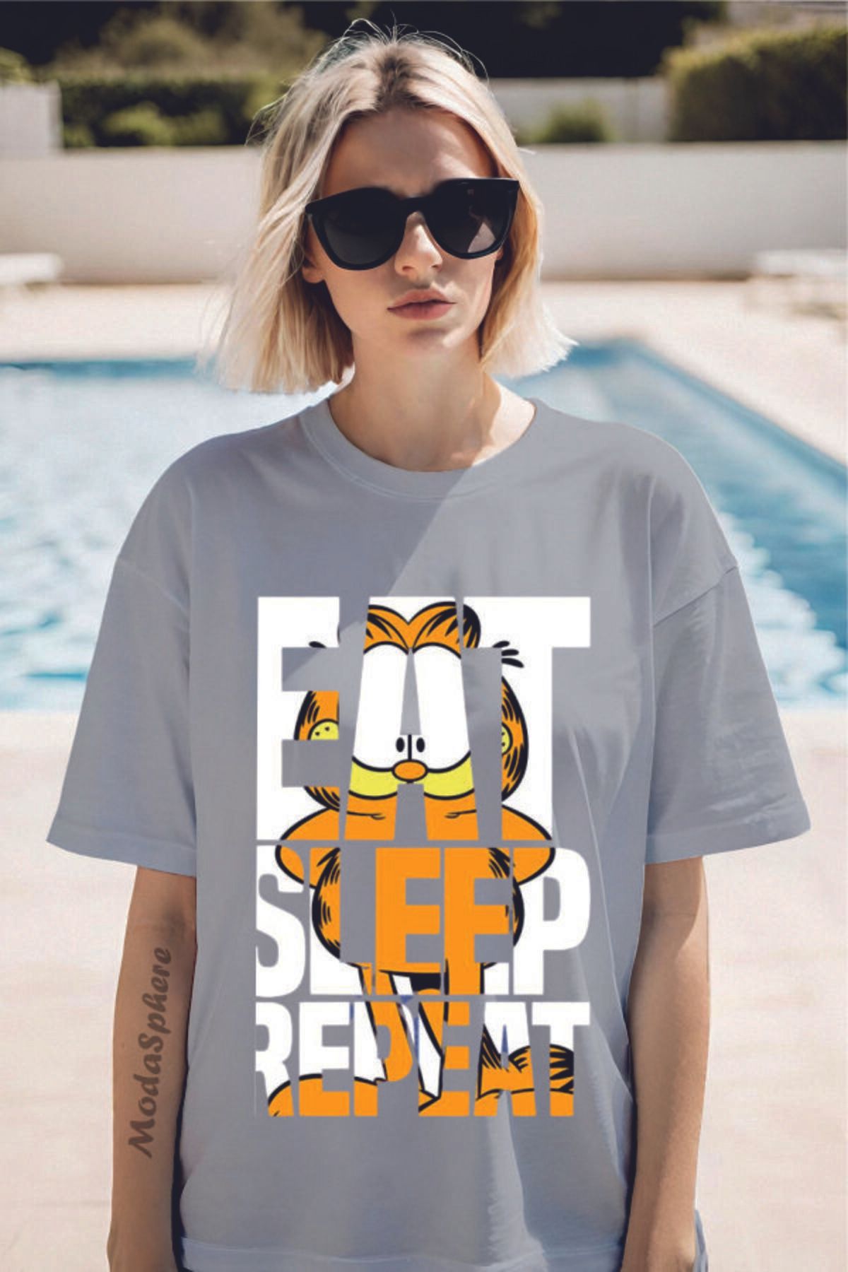 ModaSphere GARFIELD EAT Baskılı Bisiklet Yaka Unisex Oversize Tişört