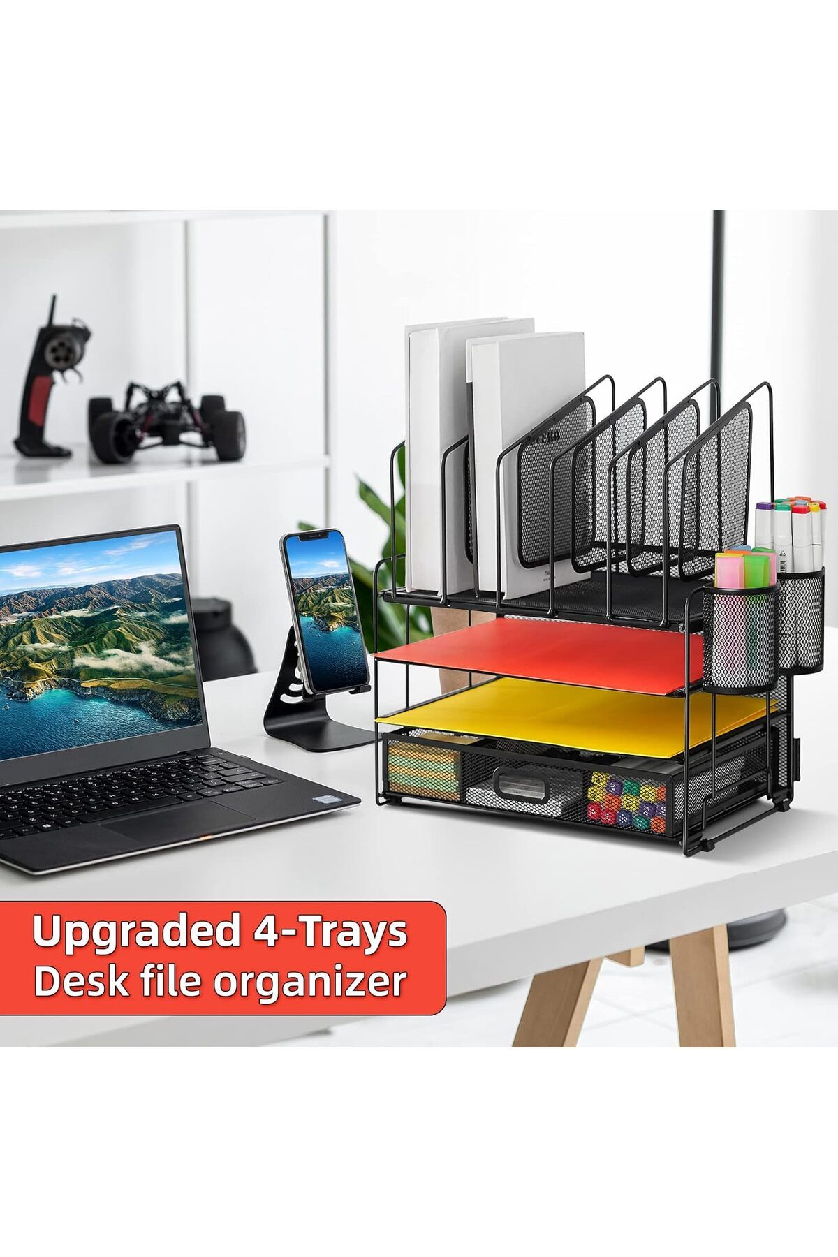 fulina-Desk Organizers,4-Tier Mesh File Organizer with 5 Vertical File Holders,Use for Home Office 3