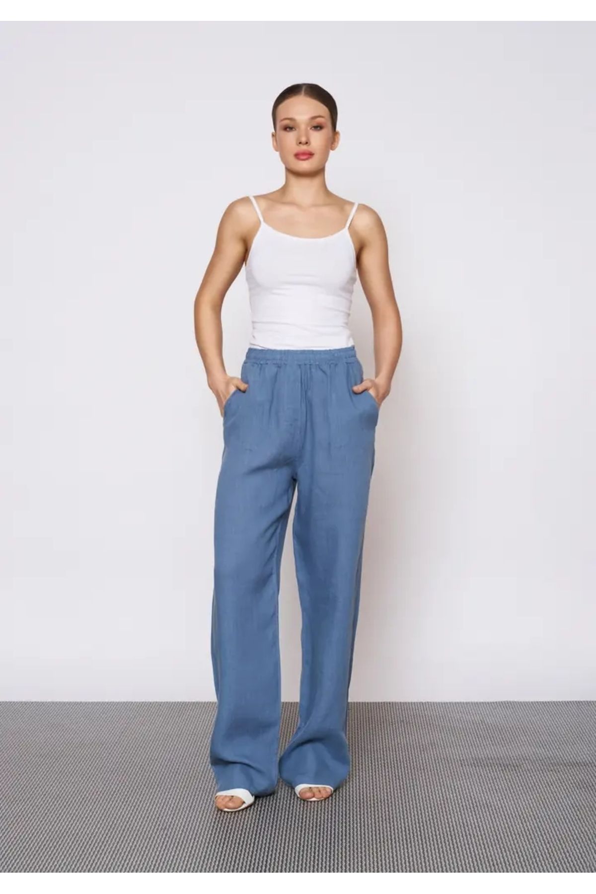 EUROFASHION Elemental Mavi Beli Lastikli Keten Pantolon