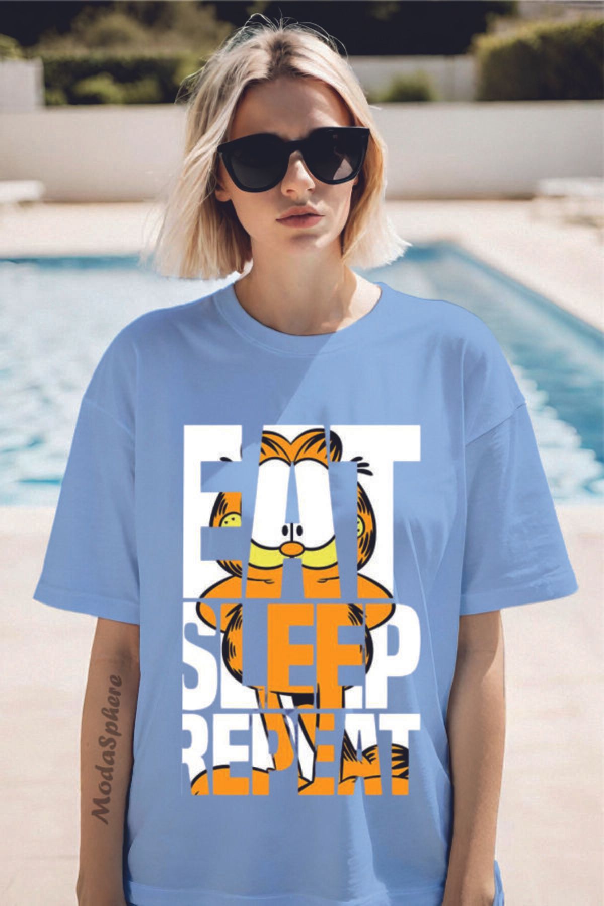 ModaSphere GARFIELD EAT Baskılı Bisiklet Yaka Unisex Oversize Tişört