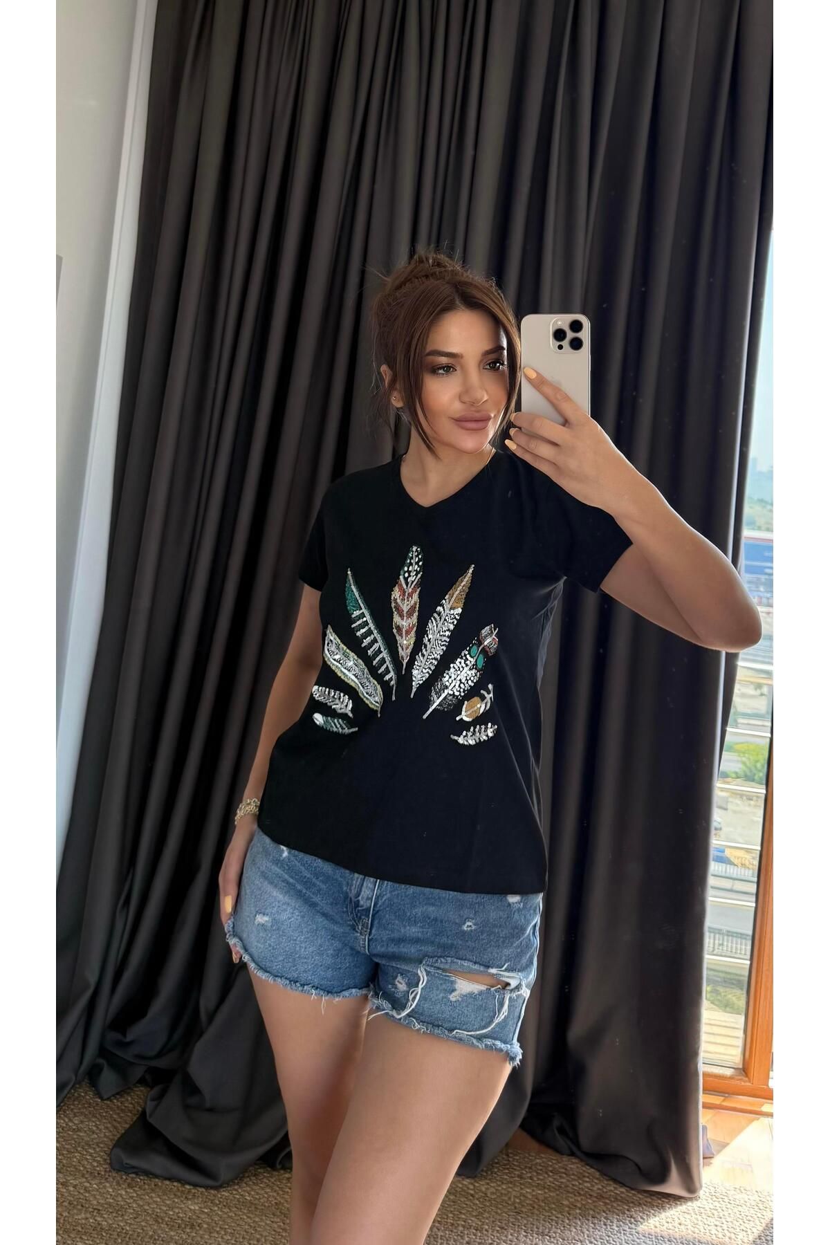 Daves Siyah Yeni Sezon %100 Pamuk T-shirt-Tuy İşlemeli