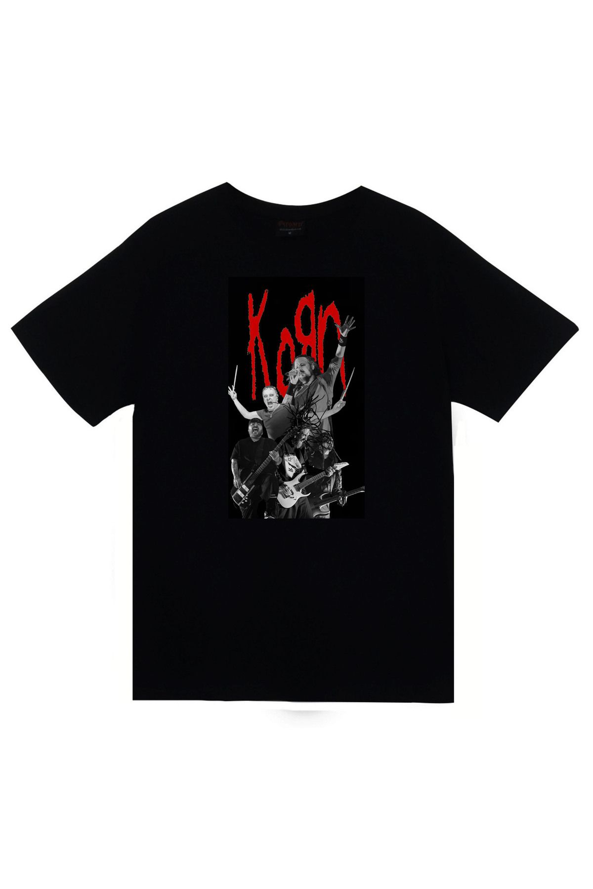 fame-stoned Korn Müzik Grubu Baskılı Unisex %100 Pamuk Siyah T-shirt