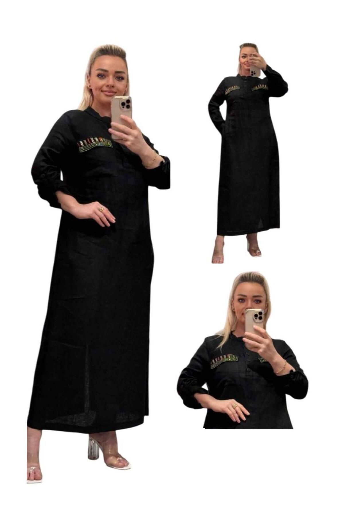 TESSY Kadin Büyük Beden Cep İşlemeli̇ Uzun Kol Keten Elbi̇se
