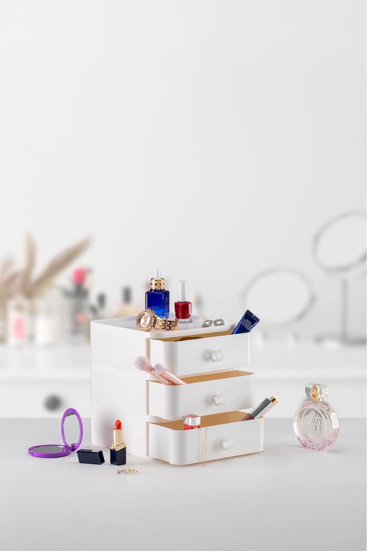 Omaş Household Product 3 Katlı Makyaj ve Takı Organizer Çekmecesi Takı Aksesuar Düzenleyici Saklama Kutusu BEYAZ