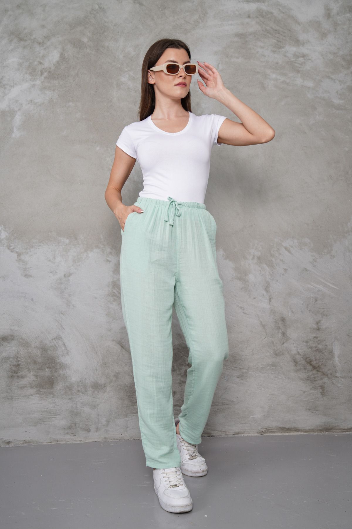 macharel jeans Müslin Düz Paça Cepli Pantolon
