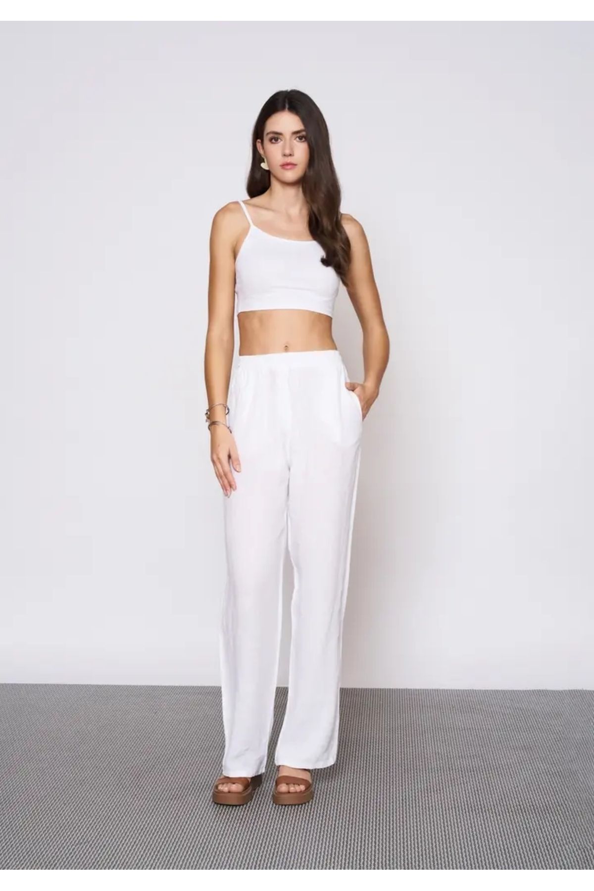 EUROFASHION Beyaz Beli Lastikli Keten Pantolon